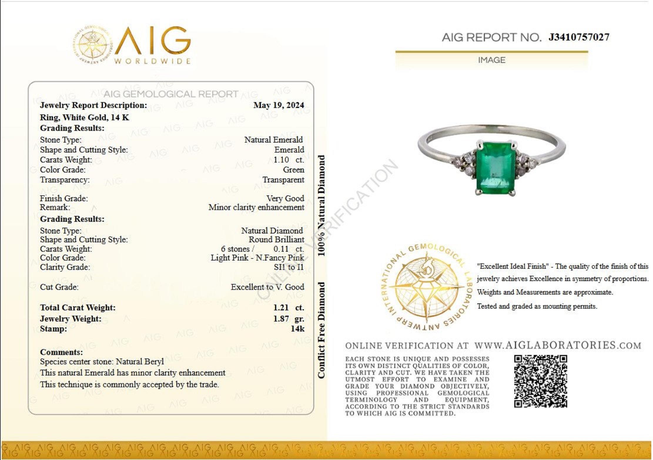 Ring can be resized free of charge prior to shipping out.
Ring size: 57 (EU) / 17 (IT) / 8 (US)

Center Natural Emerald:
Weight: 1.10 ct
Color: Green
Shape: Emerald
Minor clarity enhancement

Side Stone Diamonds:
Weight: 0.11 ct / 6 stones
Color: