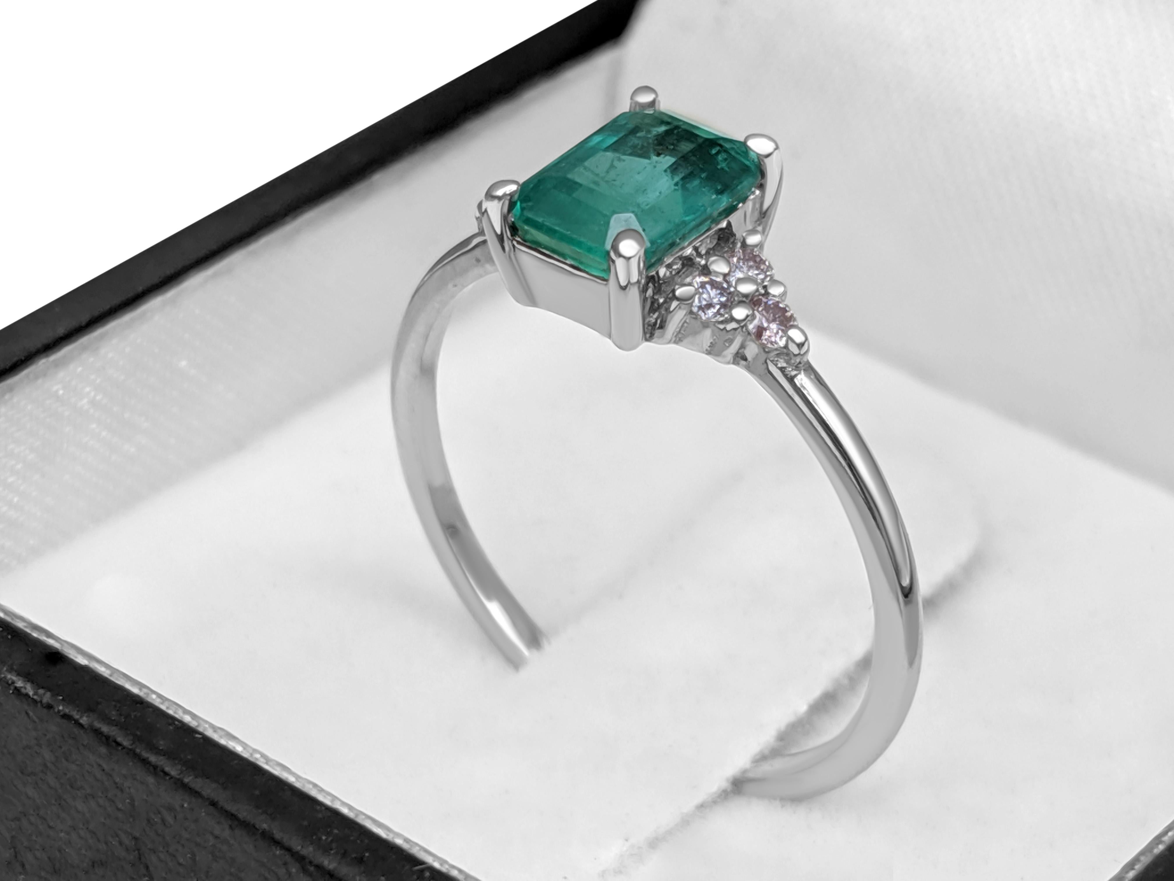 Art Deco NO RESERVE! 1.10 Carat Emerald & 0.11Ct Pink Diamonds - 14K White Gold Ring