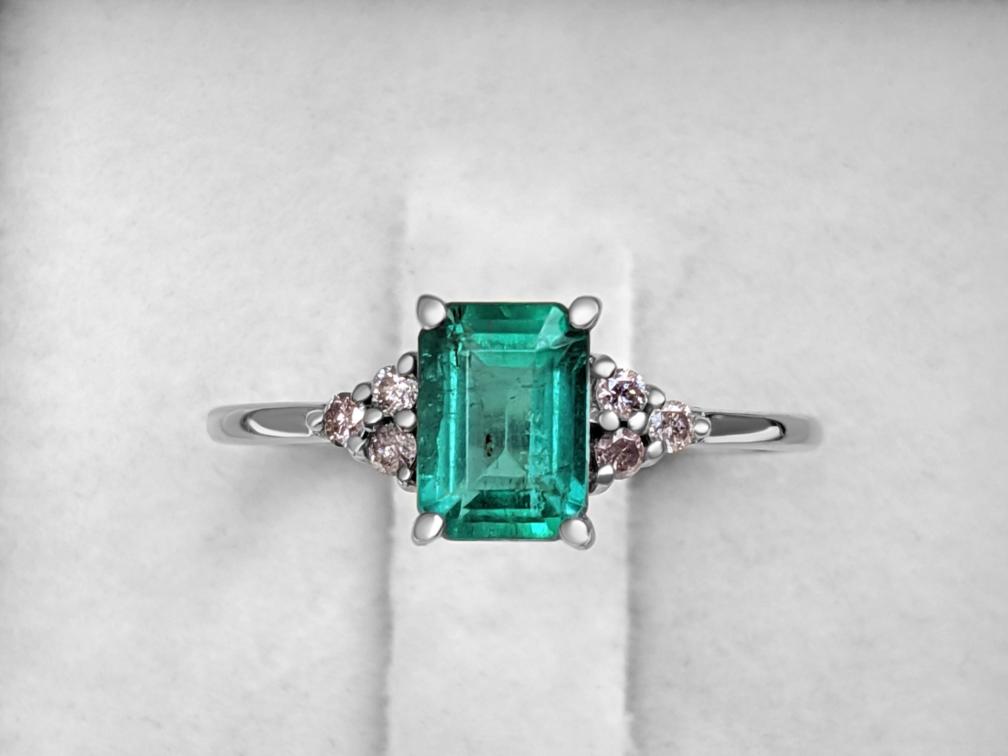 NO RESERVE! 1.10 Carat Emerald & 0.11Ct Pink Diamonds - 14K White Gold Ring 1