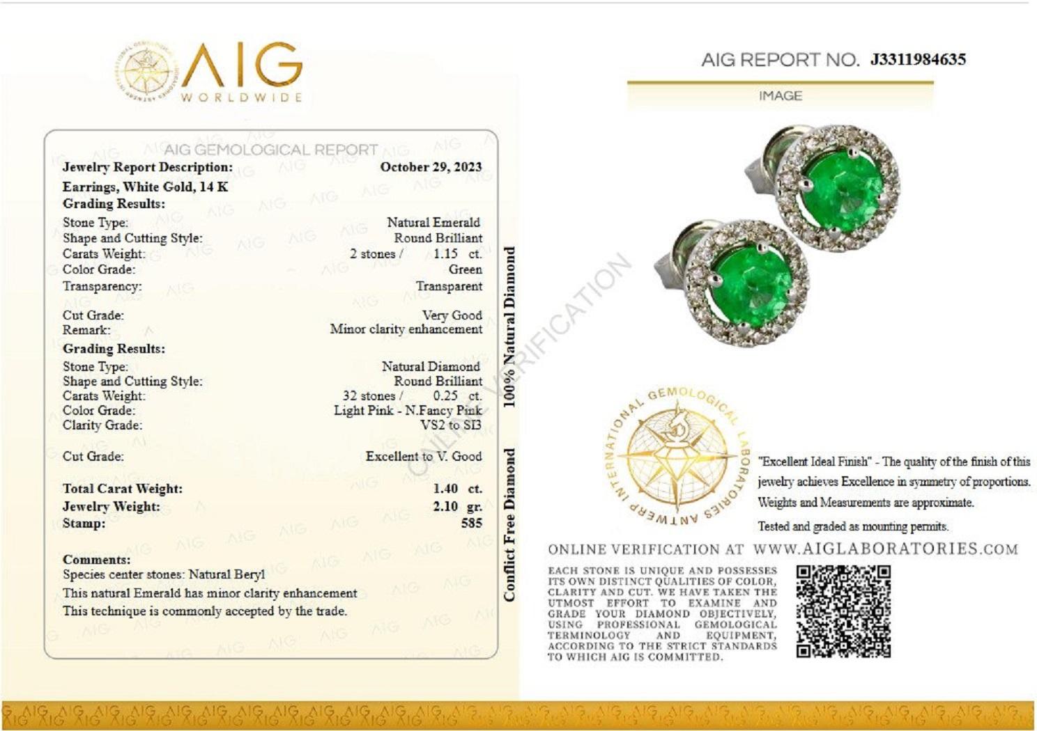 Center Stone:
___________
Natural Emeralds
Cut: Round Brilliant
Carat: 1.15 tcw / 2 pieces
Color: Green
This natural Emerald has minor clarity enhancement.

Side Stone:
___________
Natural Diamonds
Cut: Round Brilliant
Weight: 0.25 ctttw
Color: