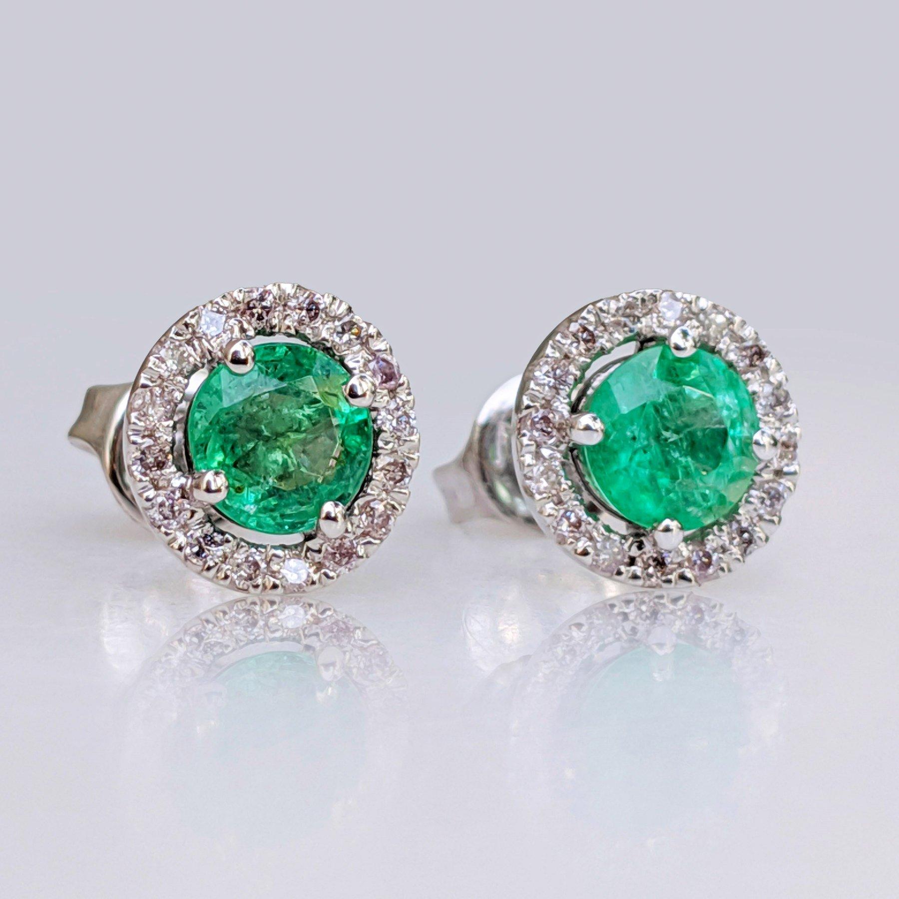 Round Cut $1 NO RESERVE!  1.15 Carat Emerald & 0.25 Ct Diamonds 14 Kt. White gold Earrings