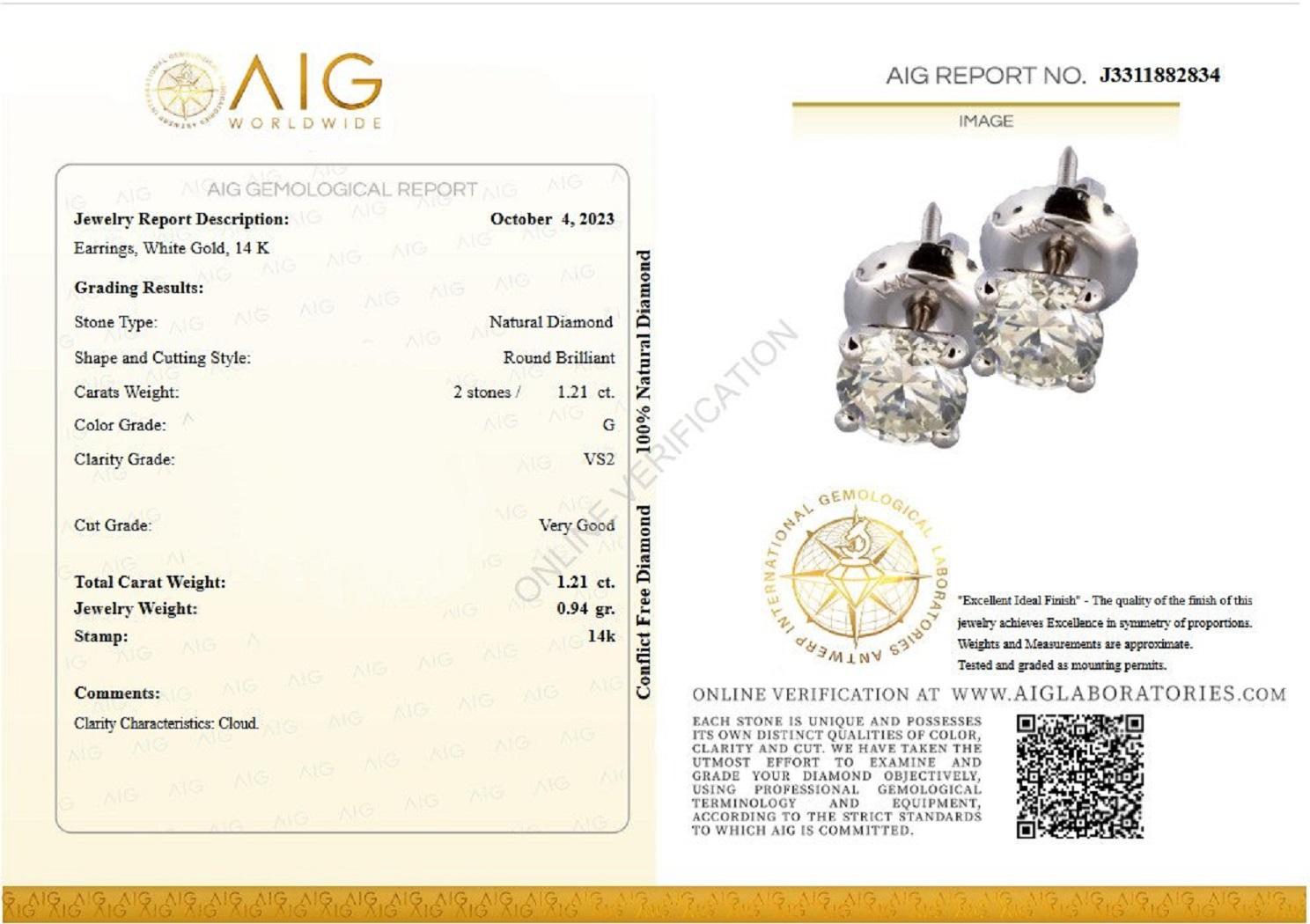 Don't miss your chance to own this unique and exquisite earrings of top quality.

Center Natural Diamonds:
Shape: Round Brilliant
Weight: 1.21 cttw / 2 stone
Color: G
Clarity: VS2
Clarity Characteristics: Cloud.

Size: 4.3 mm

VAT and TAXES:

Please