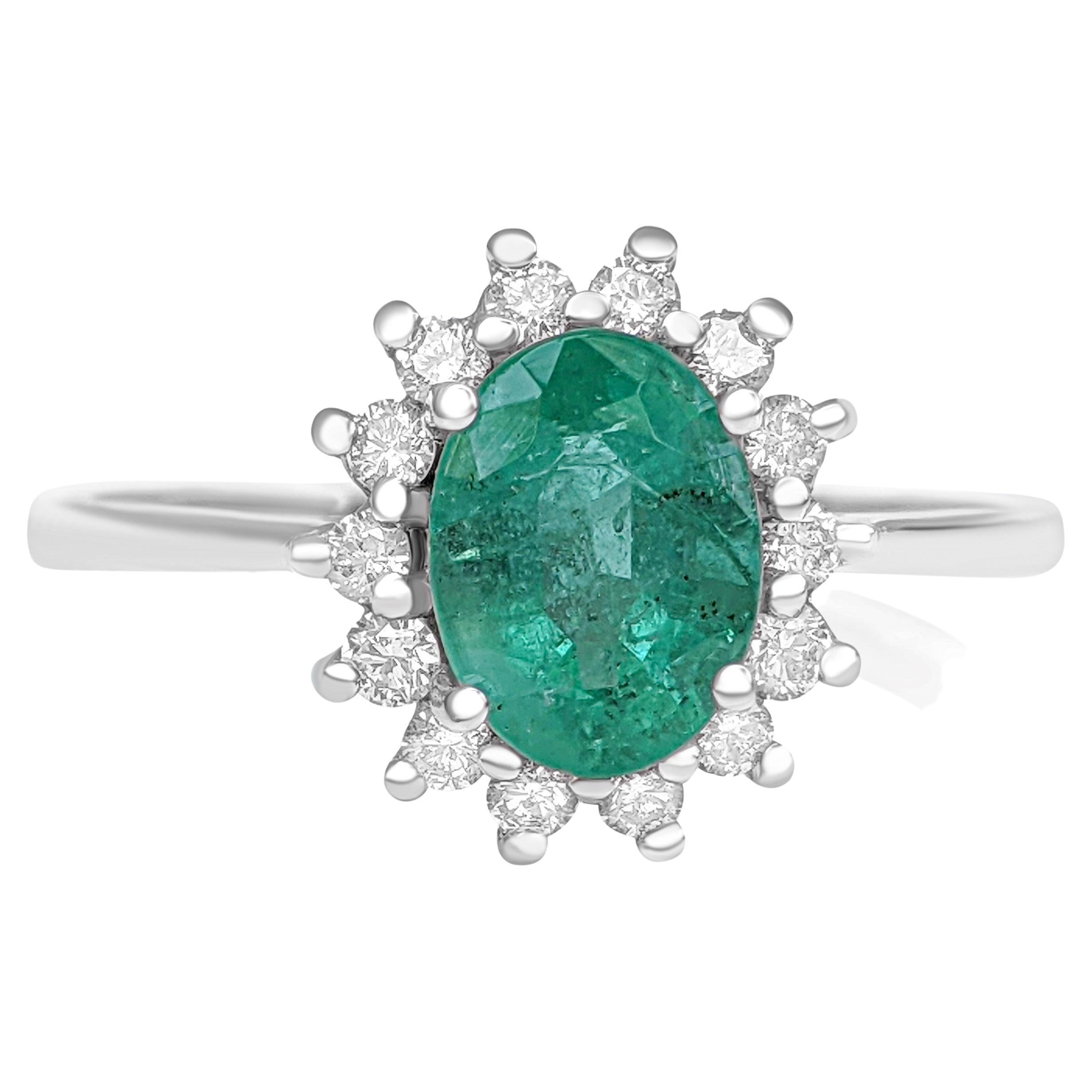 $1 No Reserve! 1.32 Carat Emerald & 0.30ct Diamonds Halo, 14k White Gold Ring