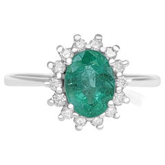 $1 No Reserve! 1.32 Carat Emerald & 0.30ct Diamonds Halo, 14k White Gold Ring