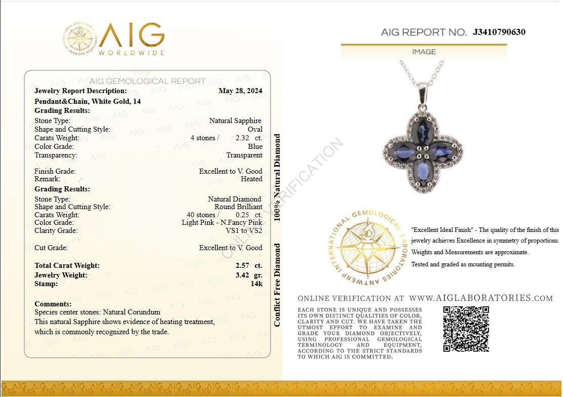 Zafiro central Stone:
Peso: 2,32 quilates / 4 piedras
Color: Azul
Forma: Oval
Calentado

Piedra lateral:
___________
Diamantes naturales
Talla: Redondo brillante
Quilate: 0,25 cttw
Color: Rosa Claro - Rosa N.Fancy
Claridad: VS1 a VS2

El artículo se