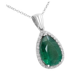 $1 No Reserve! 2.60ct Pear Emerald 
0.15ct Diamonds, 14k White Gold Necklace