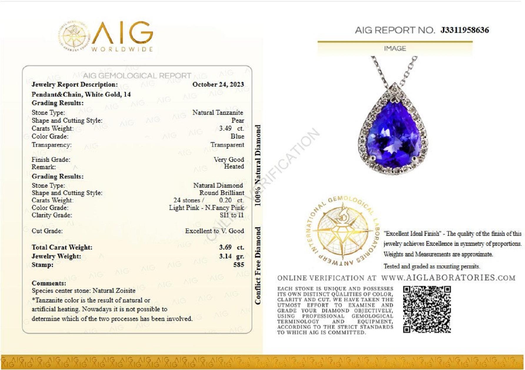 Center Tanzanite Stone:
Weight: 3.49 carat
Color: Blue
Shape: Pear
Heated

Side Stone:
___________
Natural Diamonds
Cut: Round Brilliant
Carat: 0.20 cttw
Color: Light Pink - N.Fancy Pink
Clarity: SI1 to I1

Length: 55 cm necklace and 1.5 cm