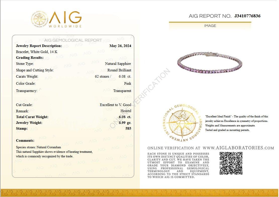 Size: 18 cm

Side Stones:
___________
Natural Sapphire
Cut: Round Brilliant
Carat: 6.08 cttw / 62 stones
Color: Pink
Heated

Item ships from Israeli Diamonds Exchange, customers are responsible for any local customs or VAT fees that might apply to