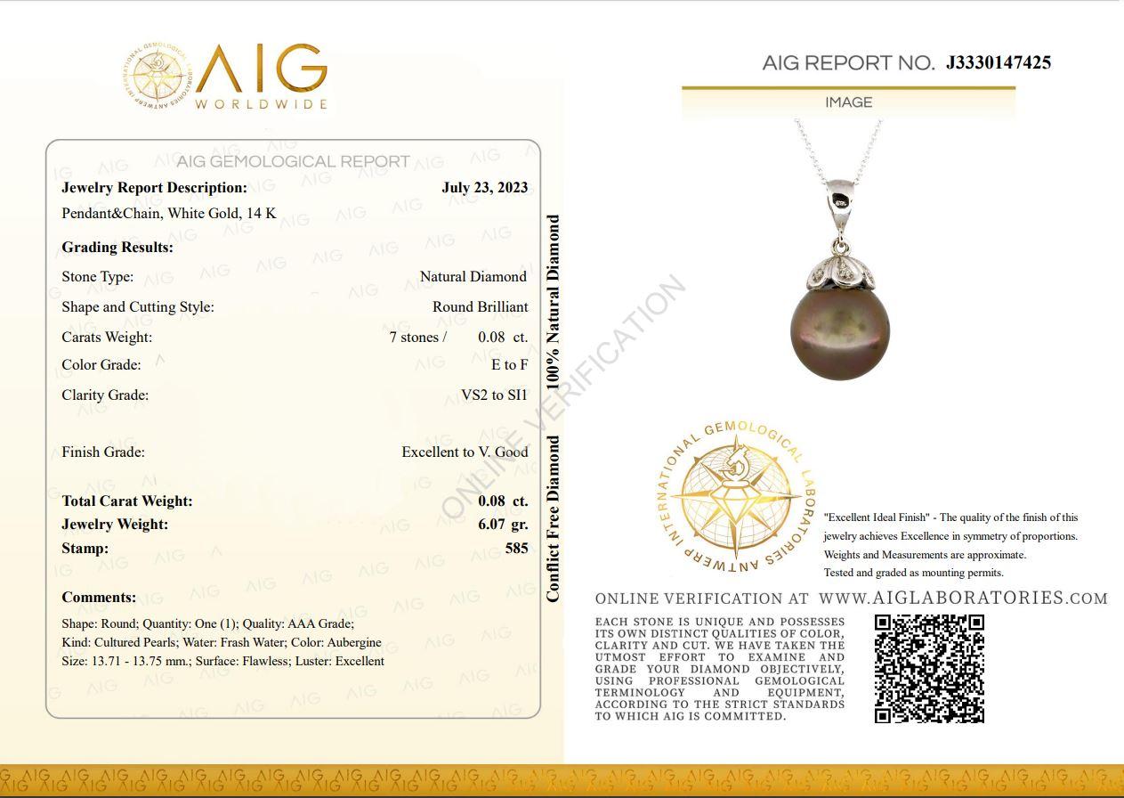 Art Deco $1 NO RESERVE! - Aubergine Pearl & 0.08ct Diamonds 14k White Gold Necklace