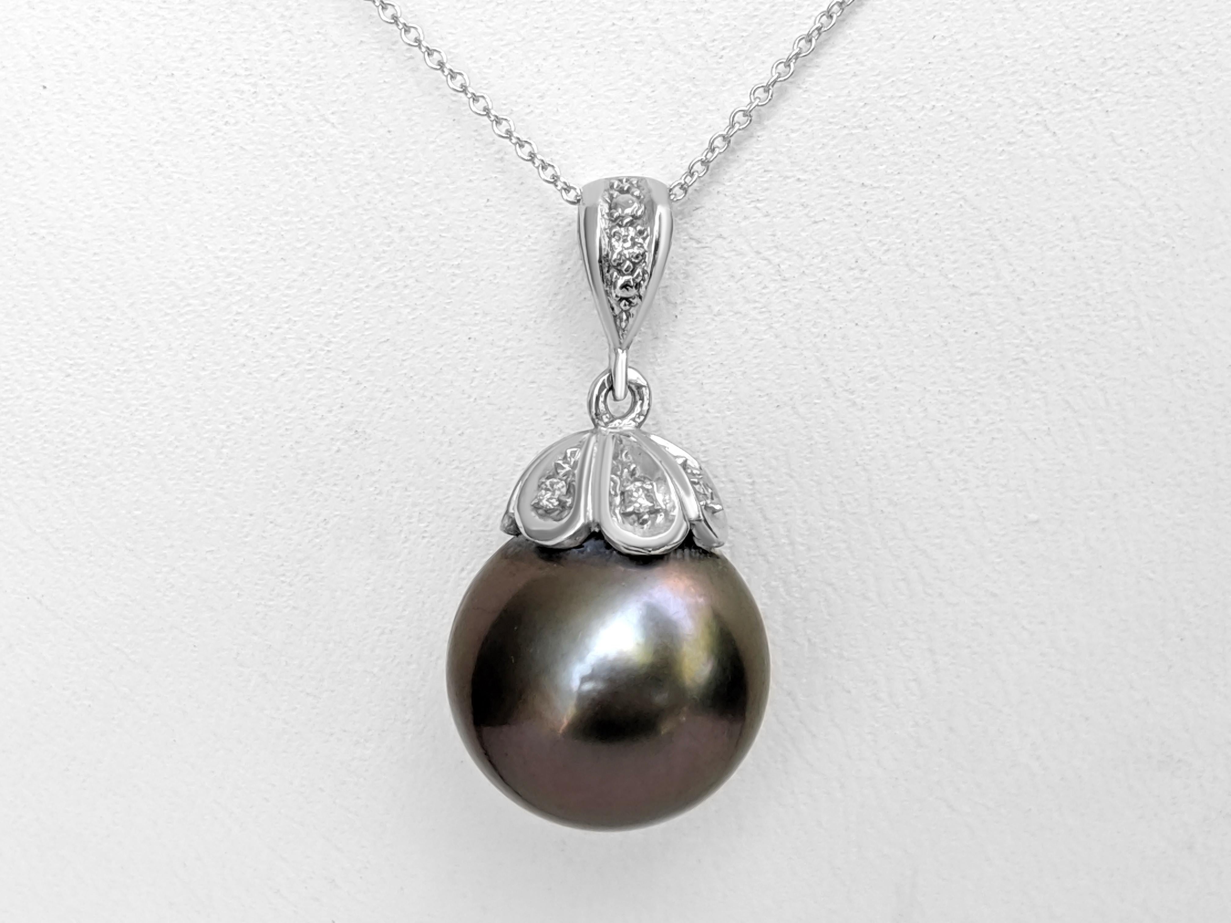 Round Cut $1 NO RESERVE! - Aubergine Pearl & 0.08ct Diamonds 14k White Gold Necklace