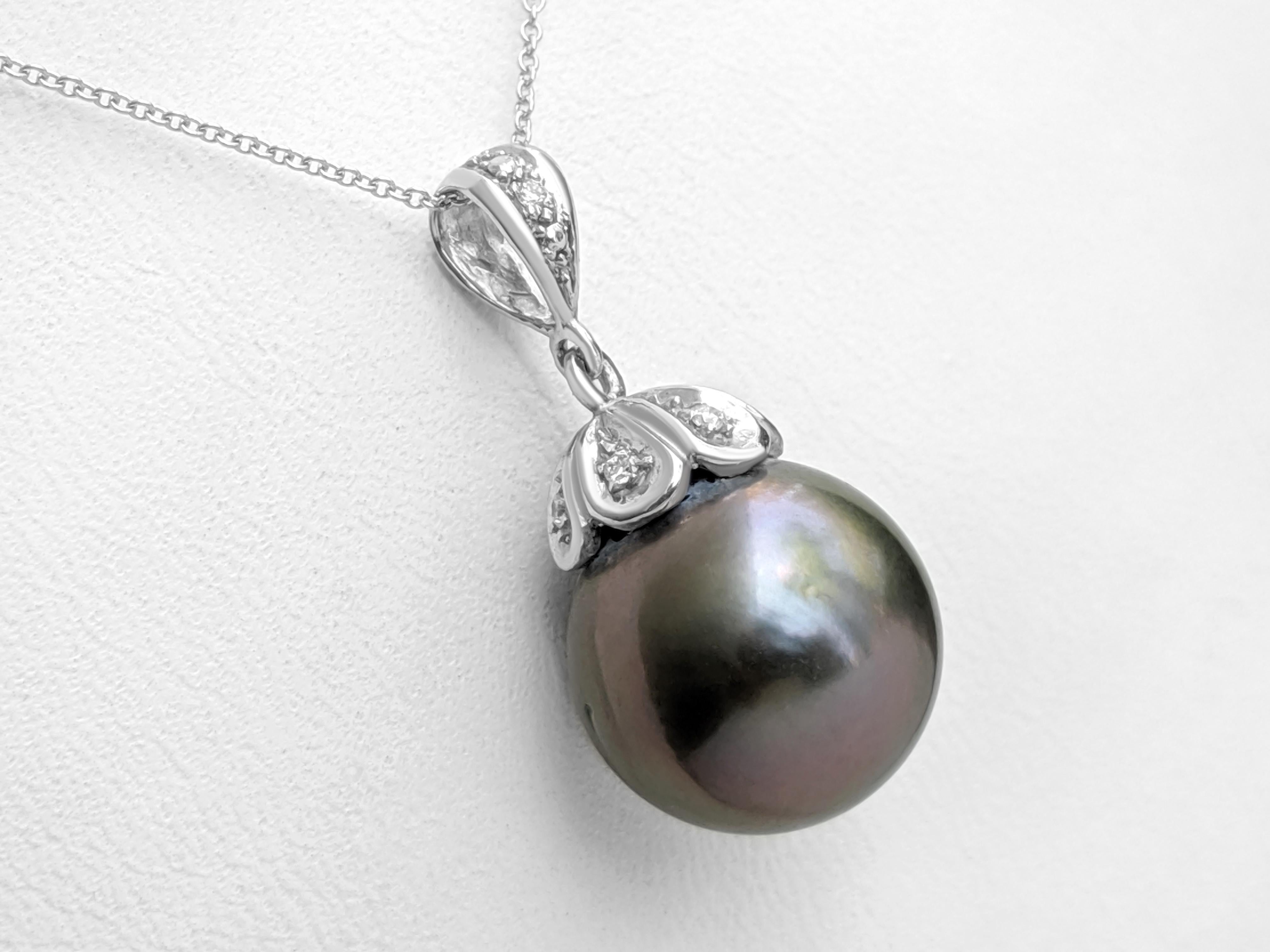 $1 NO RESERVE! - Aubergine Pearl & 0.08ct Diamonds 14k White Gold Necklace In New Condition In Ramat Gan, IL