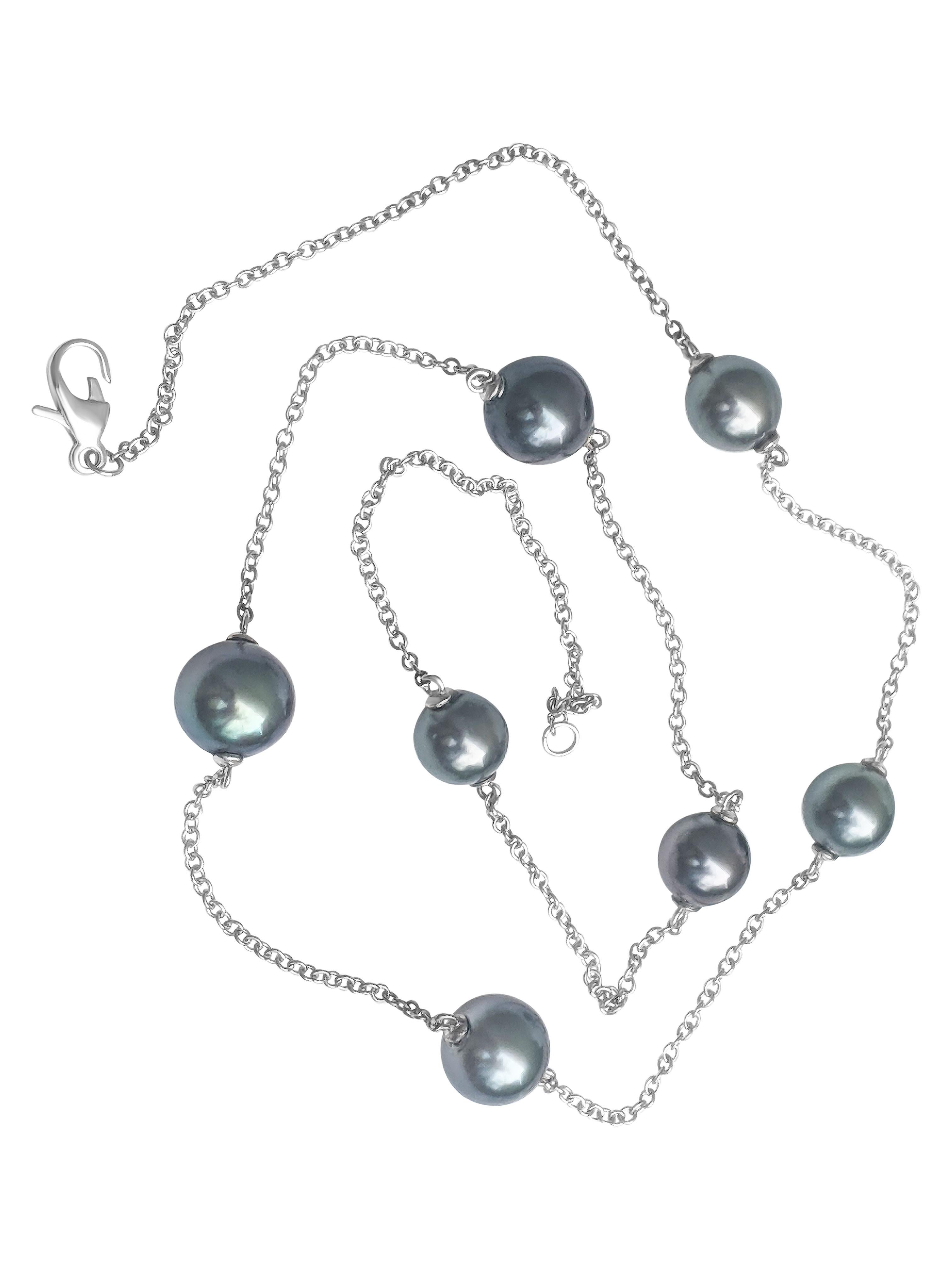 Women's $1 No Reserve! -  Black Tahiti Pearls, 14 Karat White Gold Station Necklace