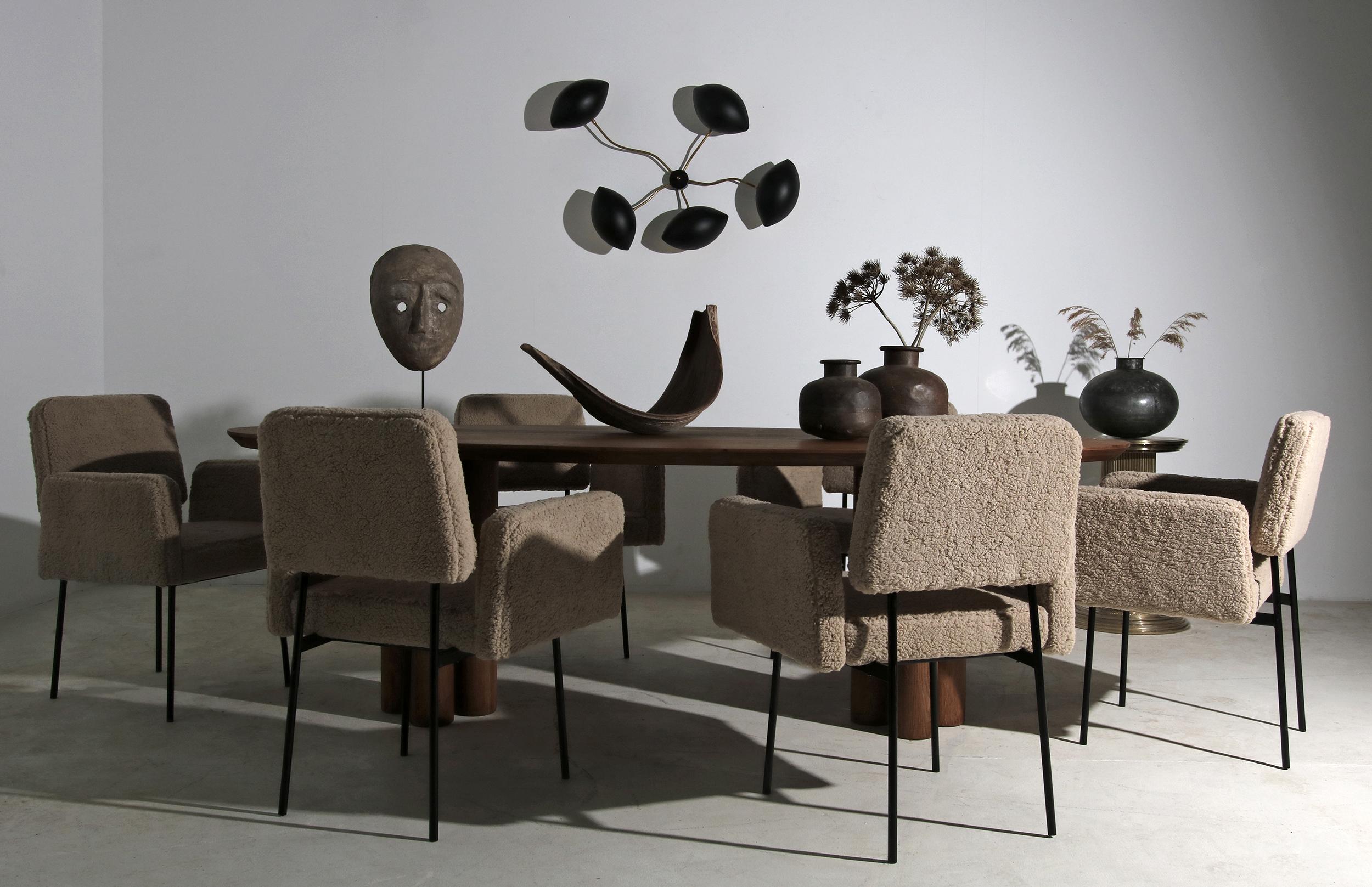 Contemporary 1 of 10 Dining Room Chairs, Armchair Nathan Lindberg Teddy Bear Fur, Metal Base
