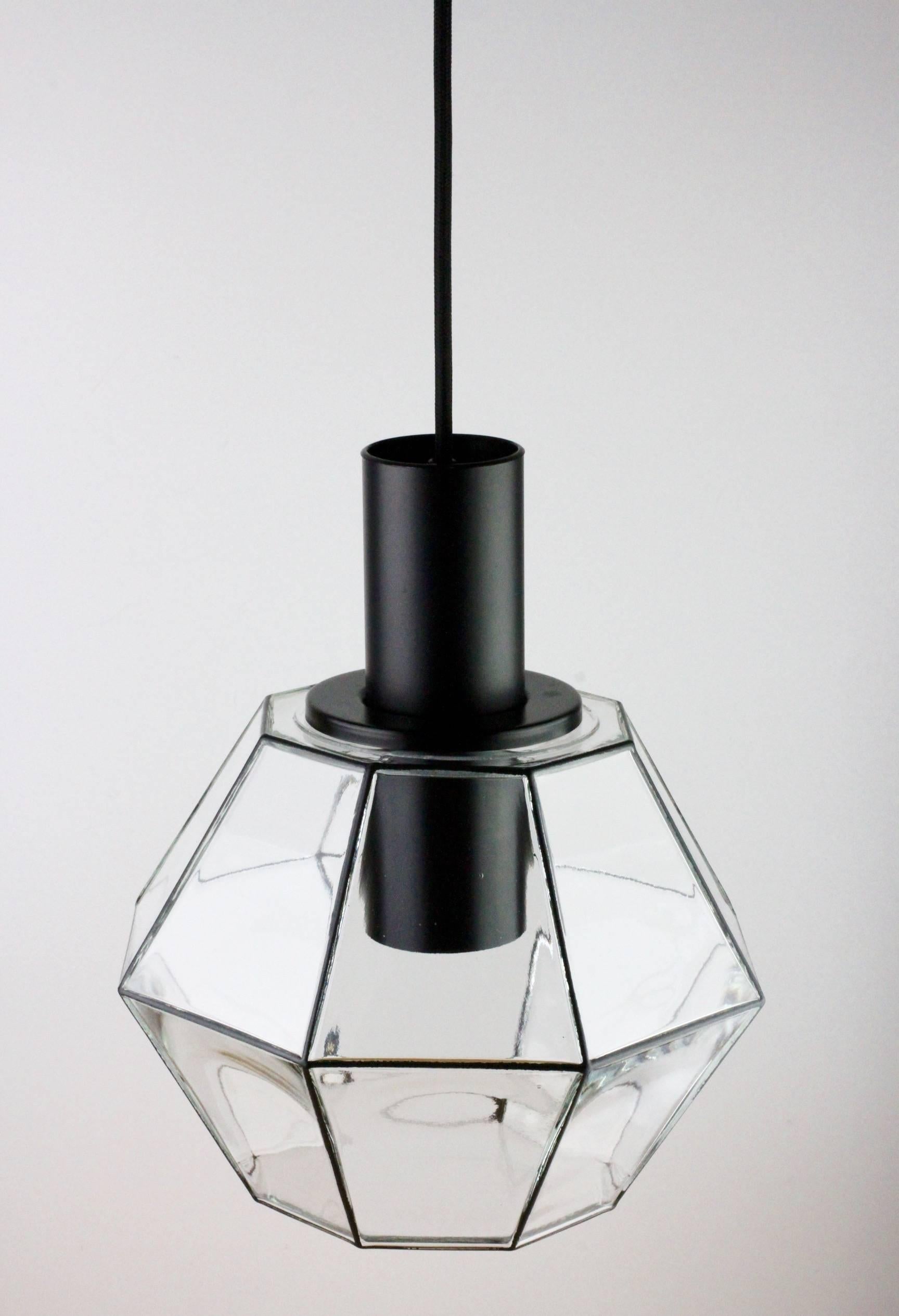 German 1 of 10 Minimalist Geometric Black & Clear Glass Pendant Lights by Limburg 1970s For Sale