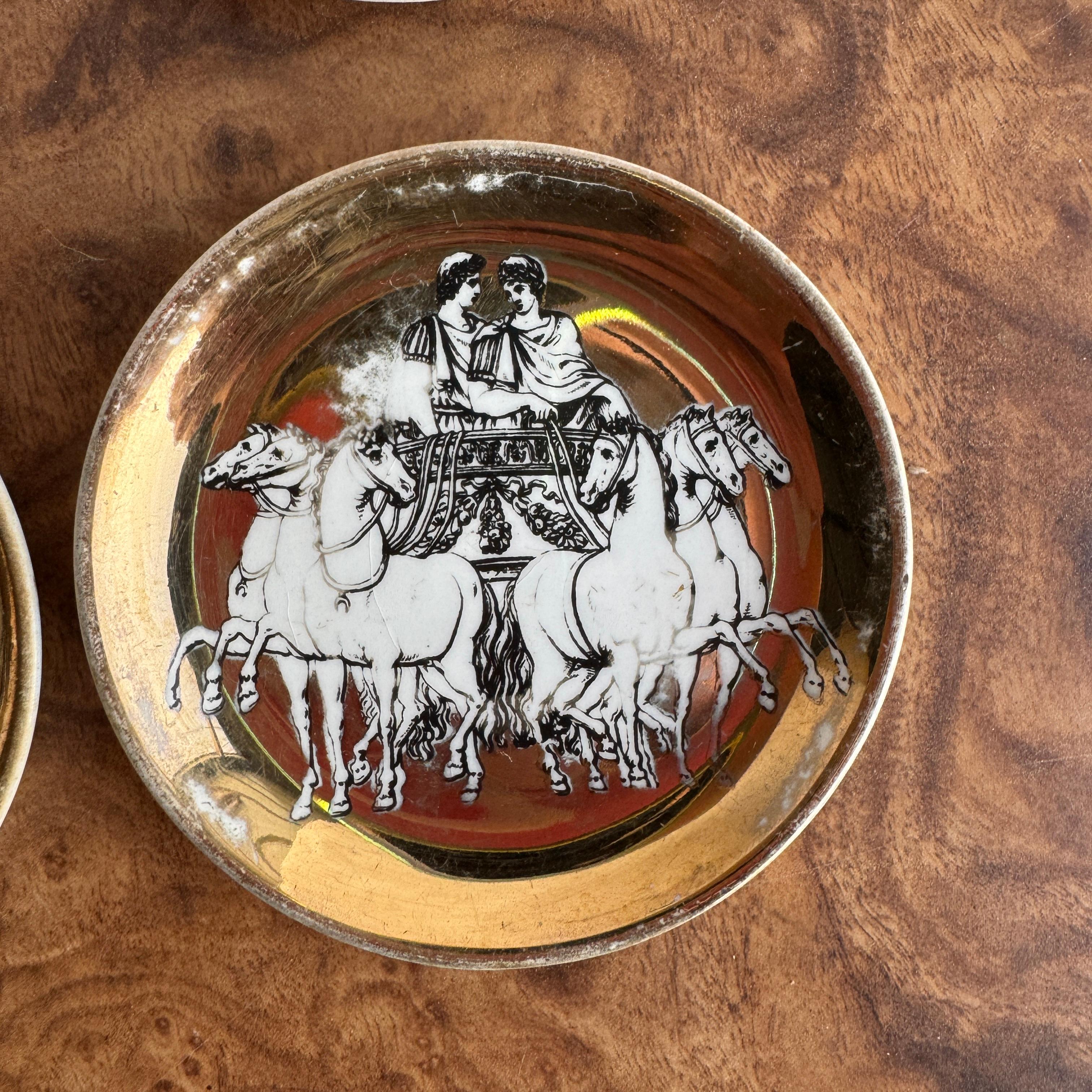Mid-Century Modern Piero Fornasetti Gilded Porcelain Chariot Coasters or Nut Dishes Vintage-  6 pcs For Sale