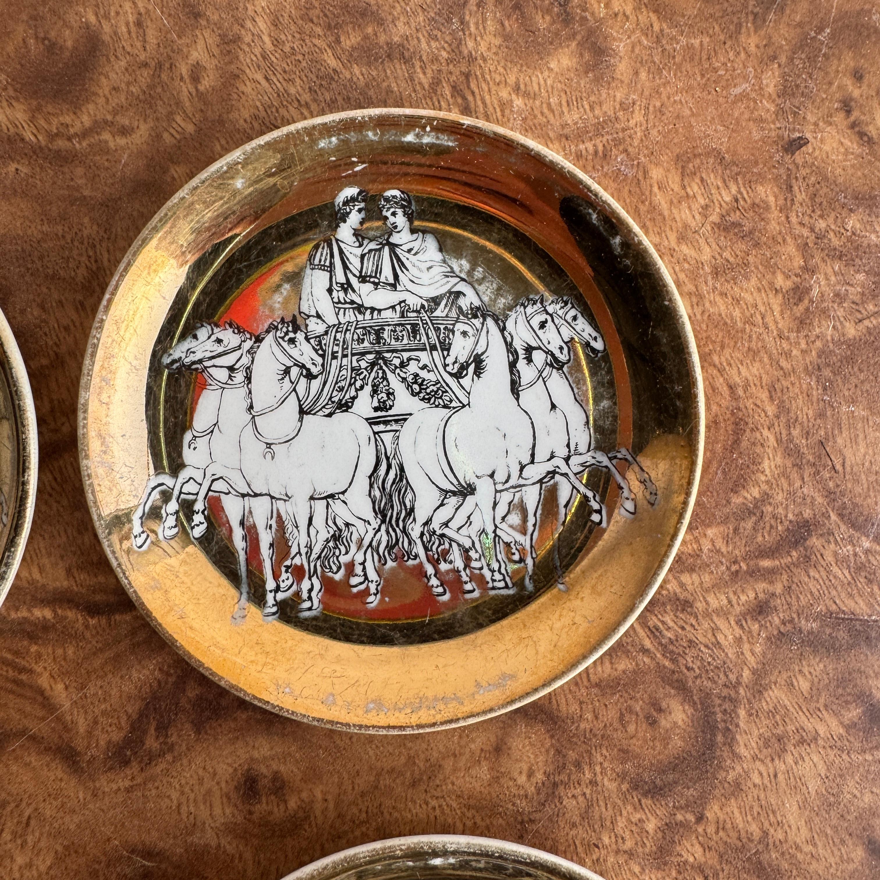 Italian Piero Fornasetti Gilded Porcelain Chariot Coasters or Nut Dishes Vintage-  6 pcs For Sale