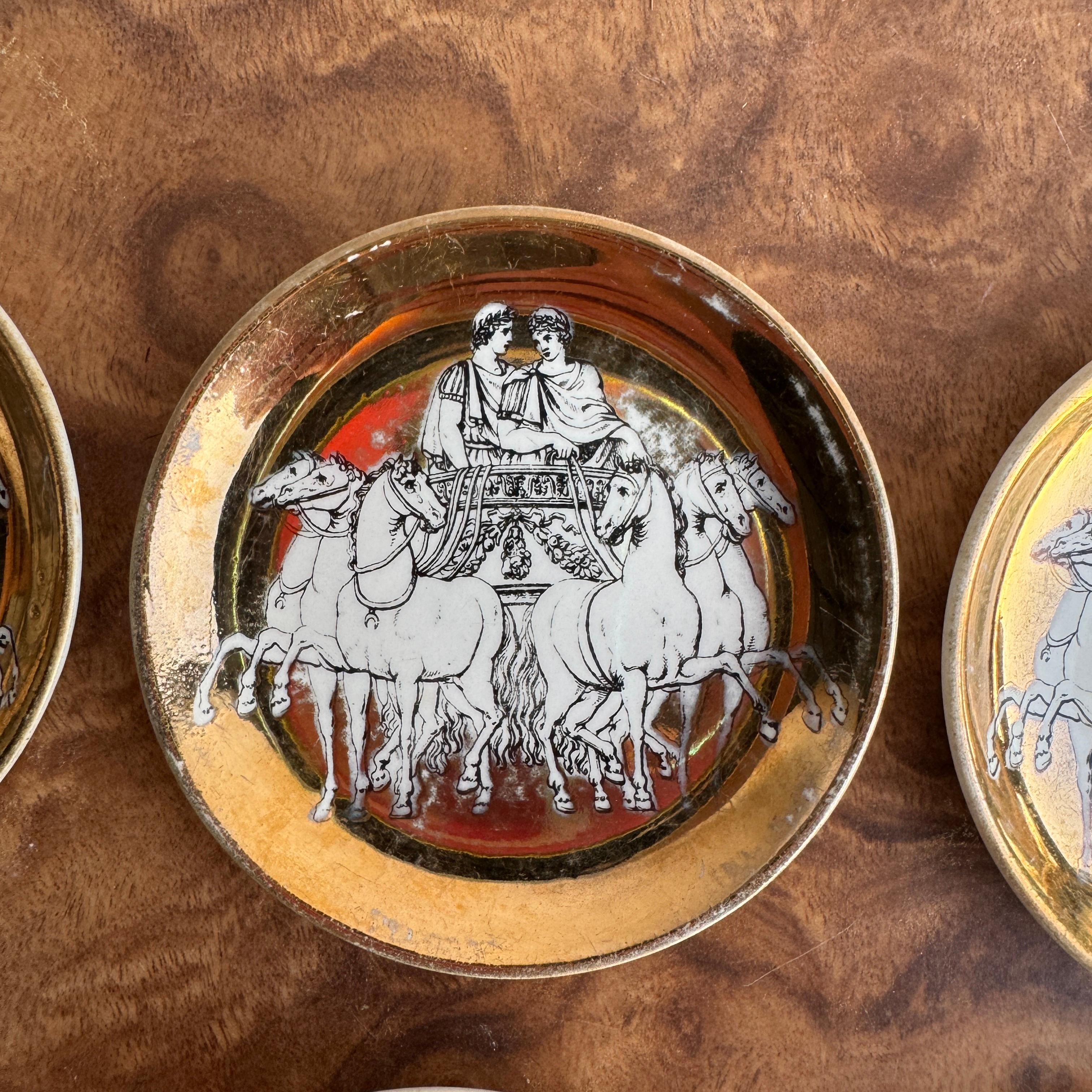 Gilt Piero Fornasetti Gilded Porcelain Chariot Coasters or Nut Dishes Vintage-  6 pcs For Sale