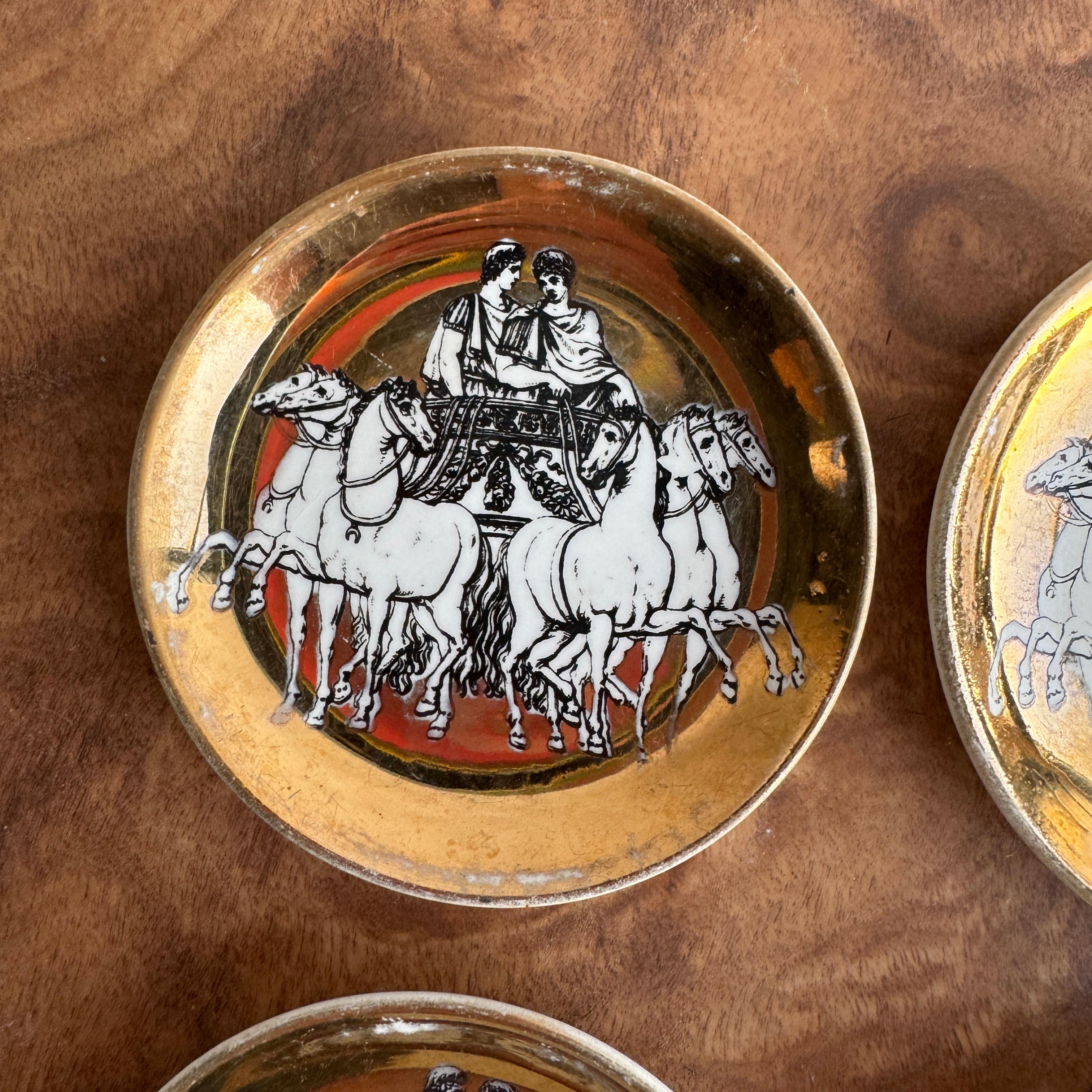 Piero Fornasetti Gilded Porcelain Chariot Coasters or Nut Dishes Vintage-  6 pcs In Good Condition For Sale In Cordova, SC