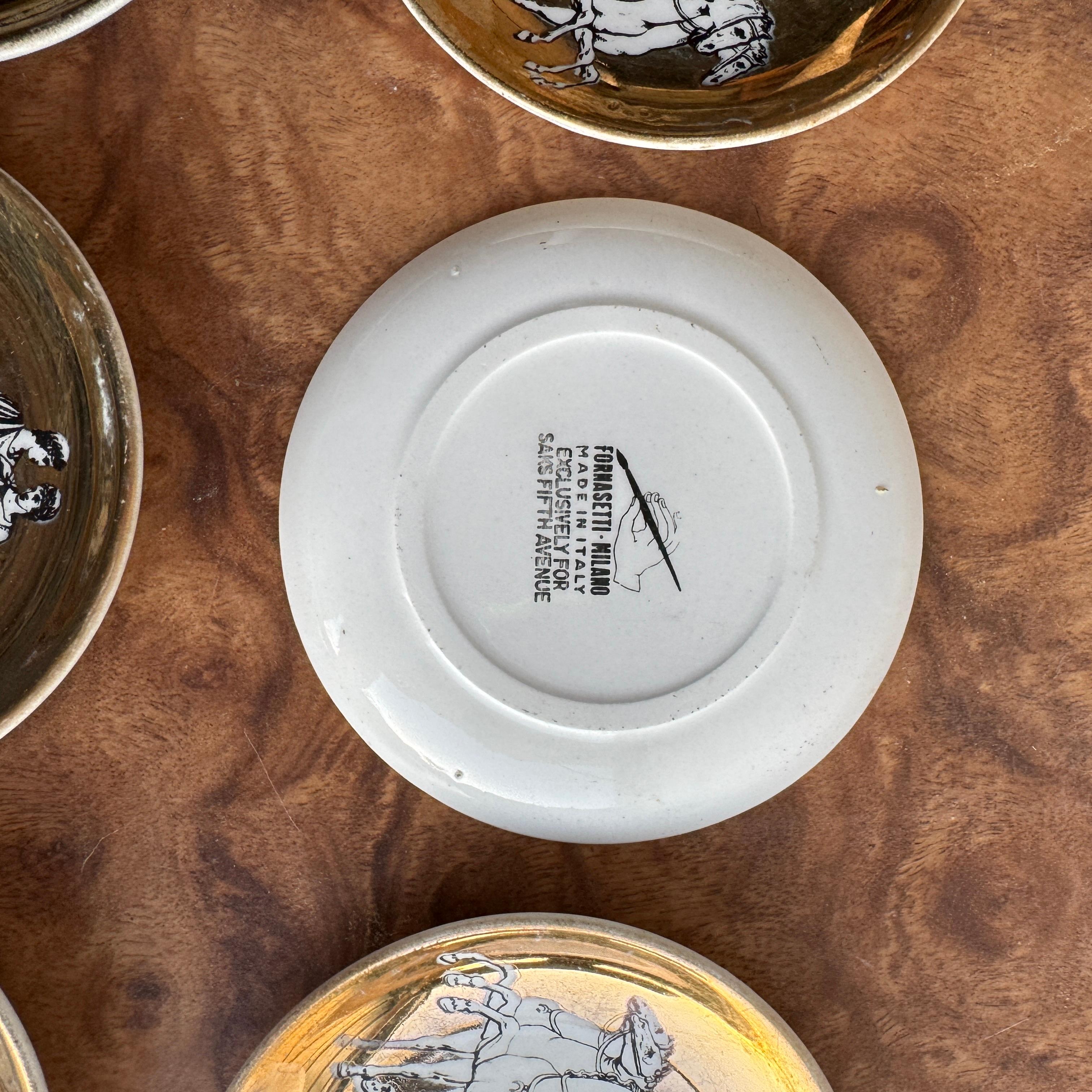 Ceramic Piero Fornasetti Gilded Porcelain Chariot Coasters or Nut Dishes Vintage-  6 pcs For Sale