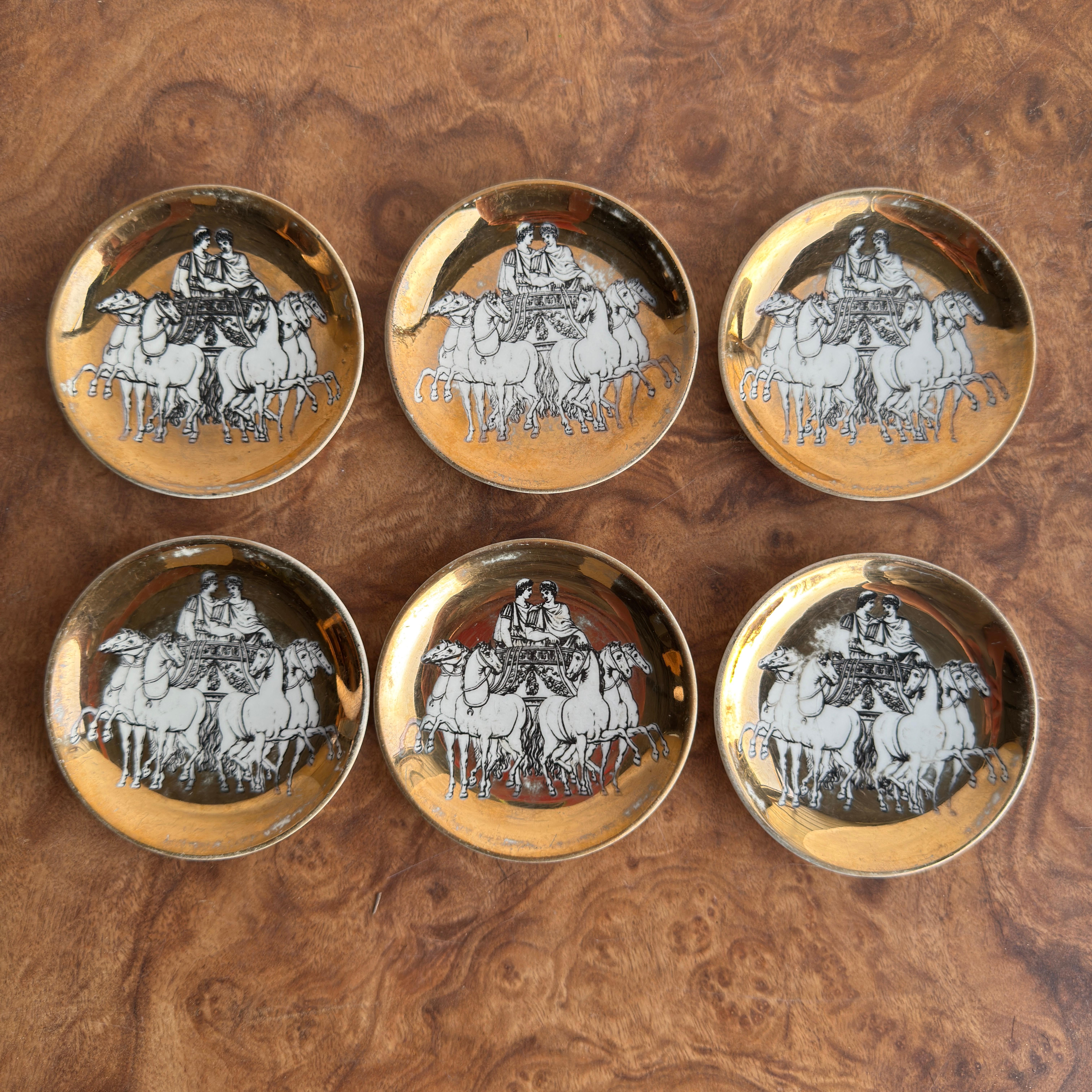 Piero Fornasetti Gilded Porcelain Chariot Coasters or Nut Dishes Vintage-  6 pcs For Sale 1