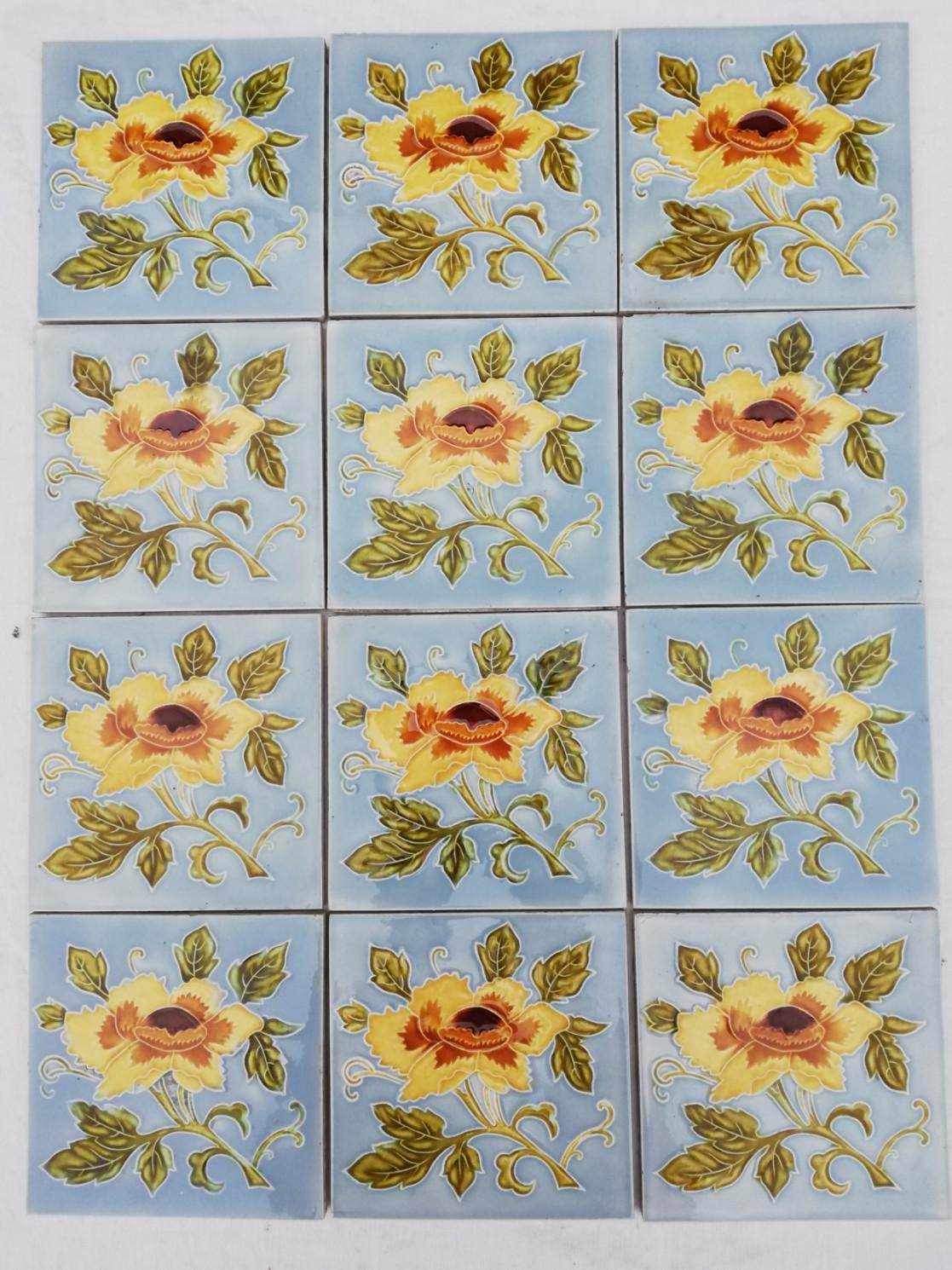 1 of 12 Authentic Glazed Art Nouveau Relief Tiles Yellow Rose, Belga, 1930s For Sale 5