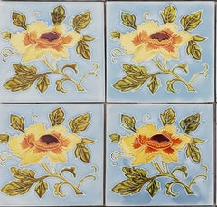 1 of 12 Authentic Glazed Art Nouveau Relief Tiles Yellow Rose, Belga, 1930s