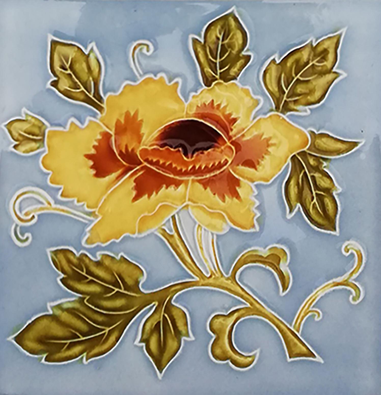 Belgian 1 of 12 Authentic Glazed Art Nouveau Relief Tiles Yellow Rose, Belga, 1930s For Sale