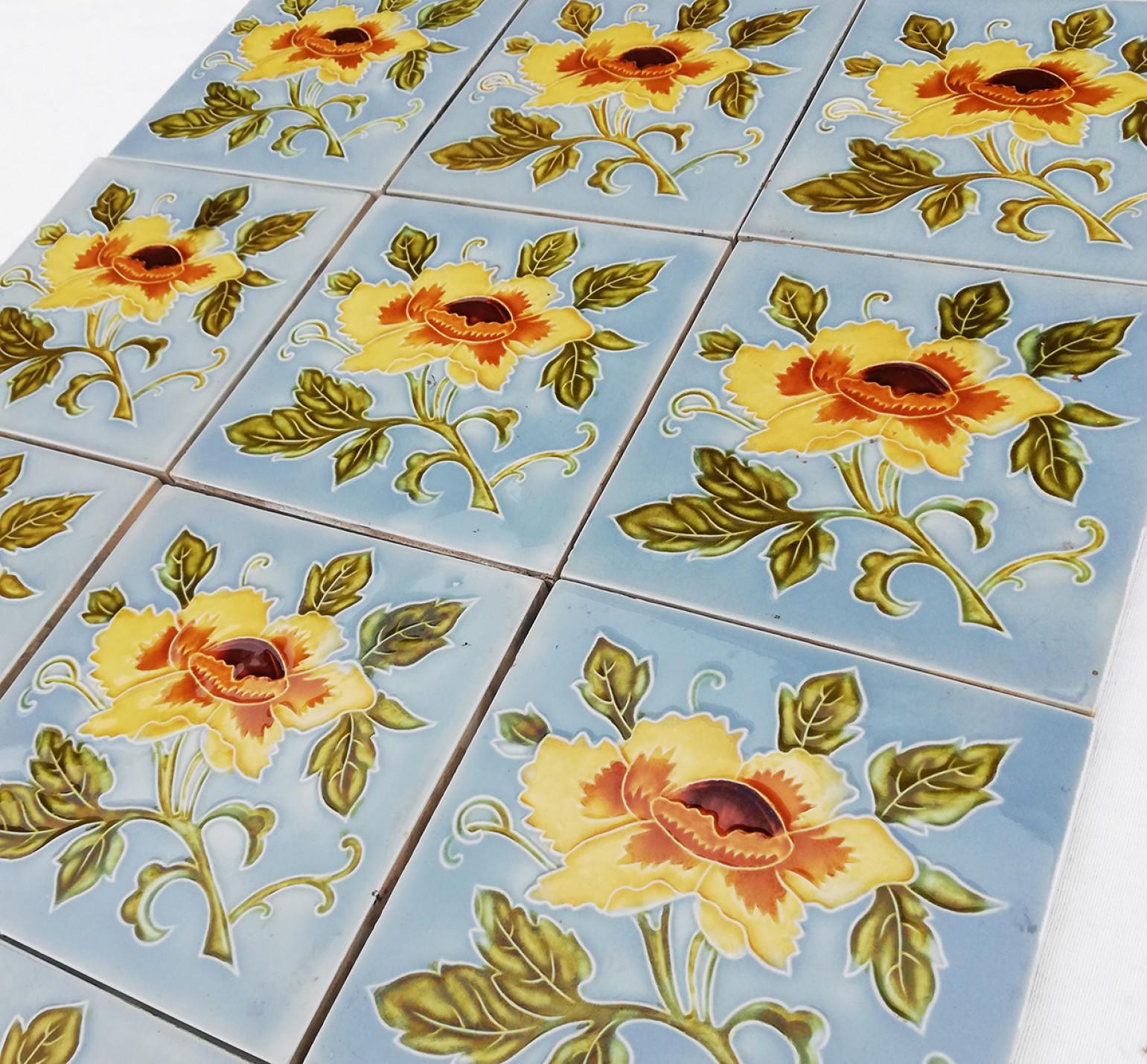 Mid-20th Century 1 of 12 Authentic Glazed Art Nouveau Relief Tiles Yellow Rose, Belga, 1930s For Sale
