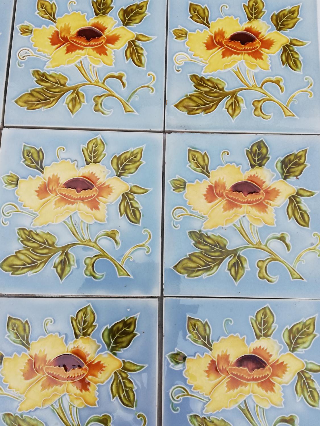 1 of 12 Authentic Glazed Art Nouveau Relief Tiles Yellow Rose, Belga, 1930s For Sale 1