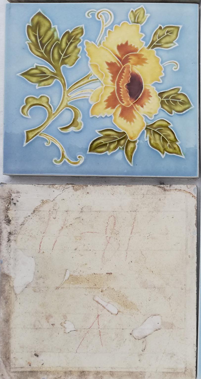 1 of 12 Authentic Glazed Art Nouveau Relief Tiles Yellow Rose, Belga, 1930s For Sale 2