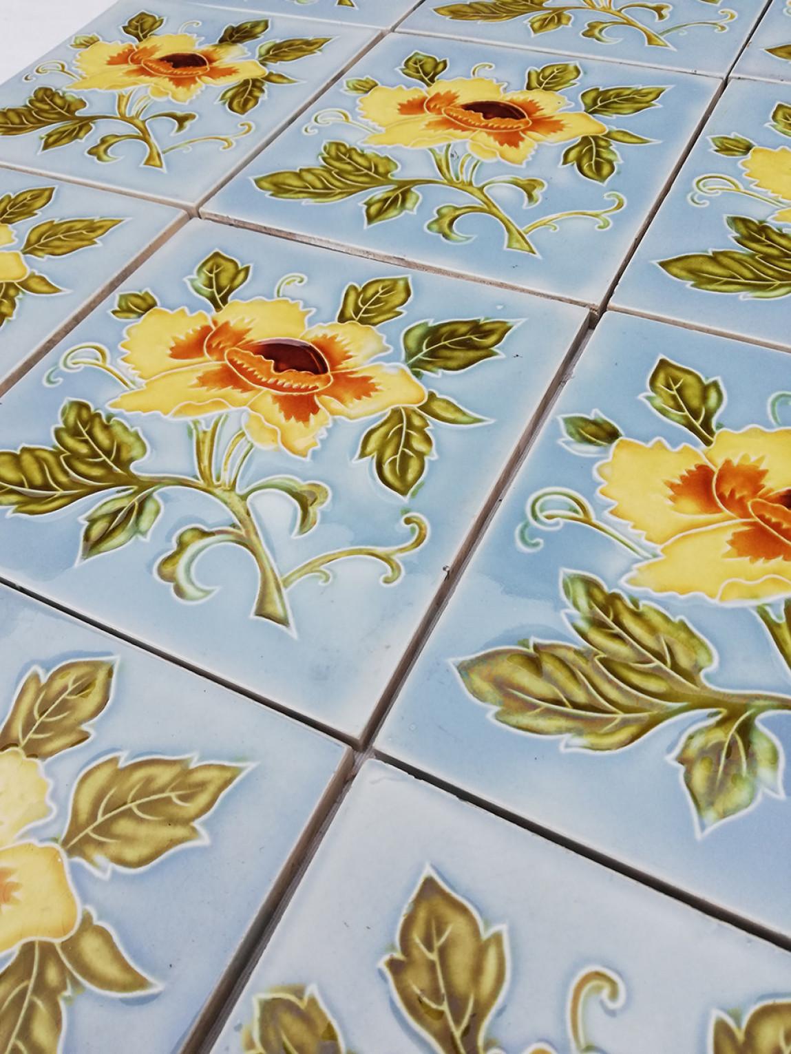 1 of 12 Authentic Glazed Art Nouveau Relief Tiles Yellow Rose, Belga, 1930s For Sale 3