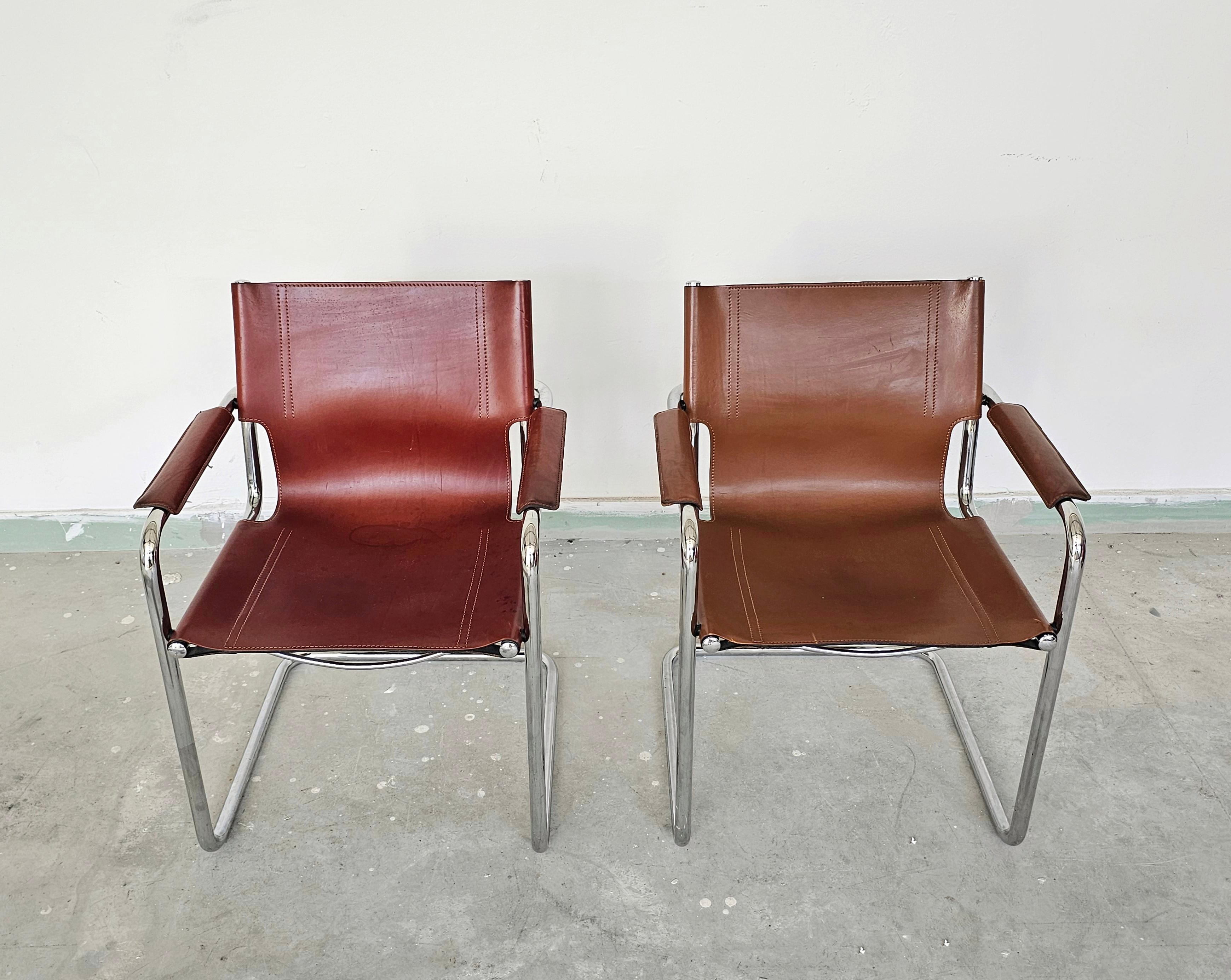 In this listing you will find the iconic Visitor's chairs designed by Mary Stam in 1920s and manufactured by Matteo Grassi in the 1970s. Chairs feature tubular steel frames with leather seats. The colours of the leather available at the moment go