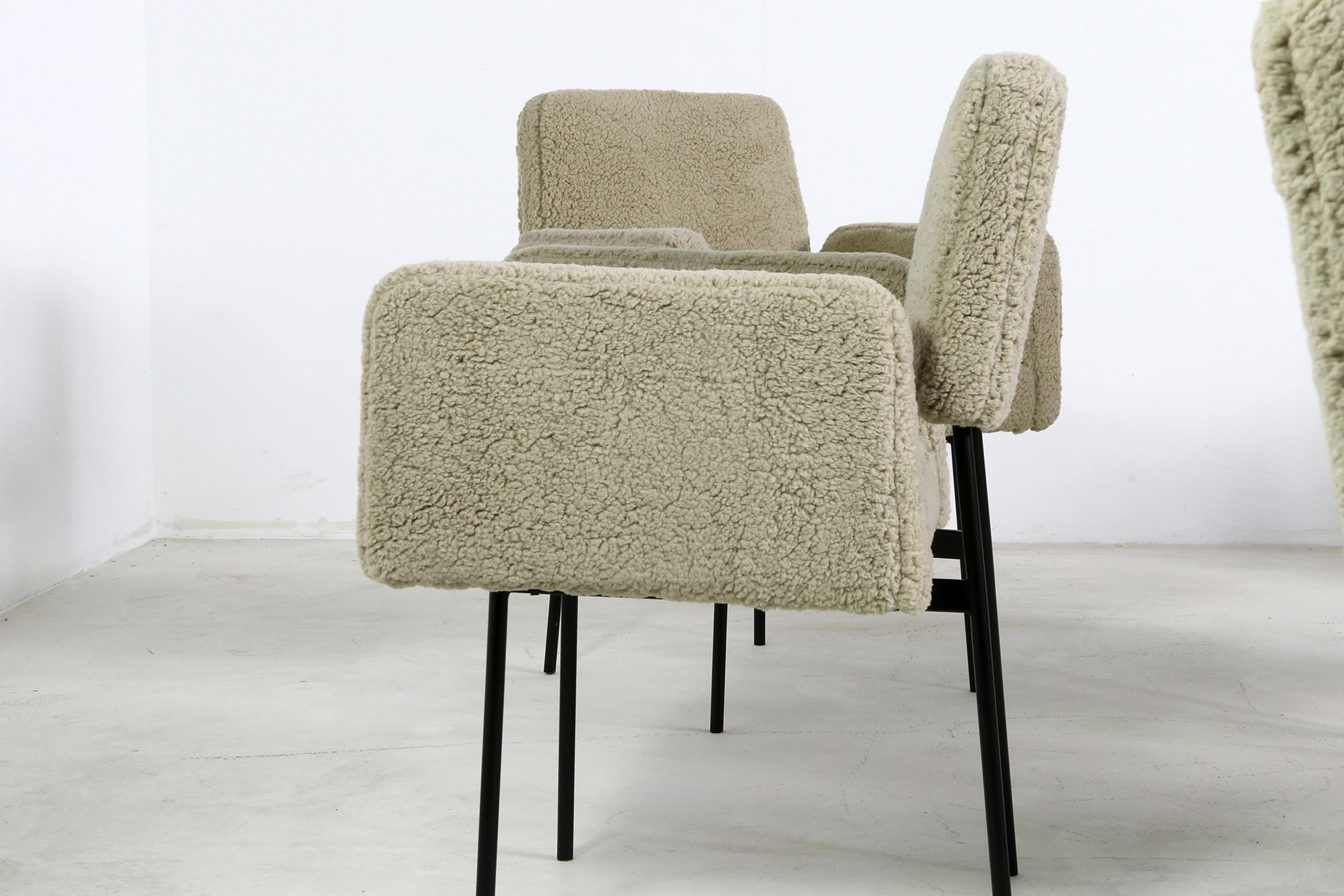 Mid-Century Modern 1 of 12 Dining Room Chairs, Armchair Nathan Lindberg Teddy Fur, Metal, Sheepskin