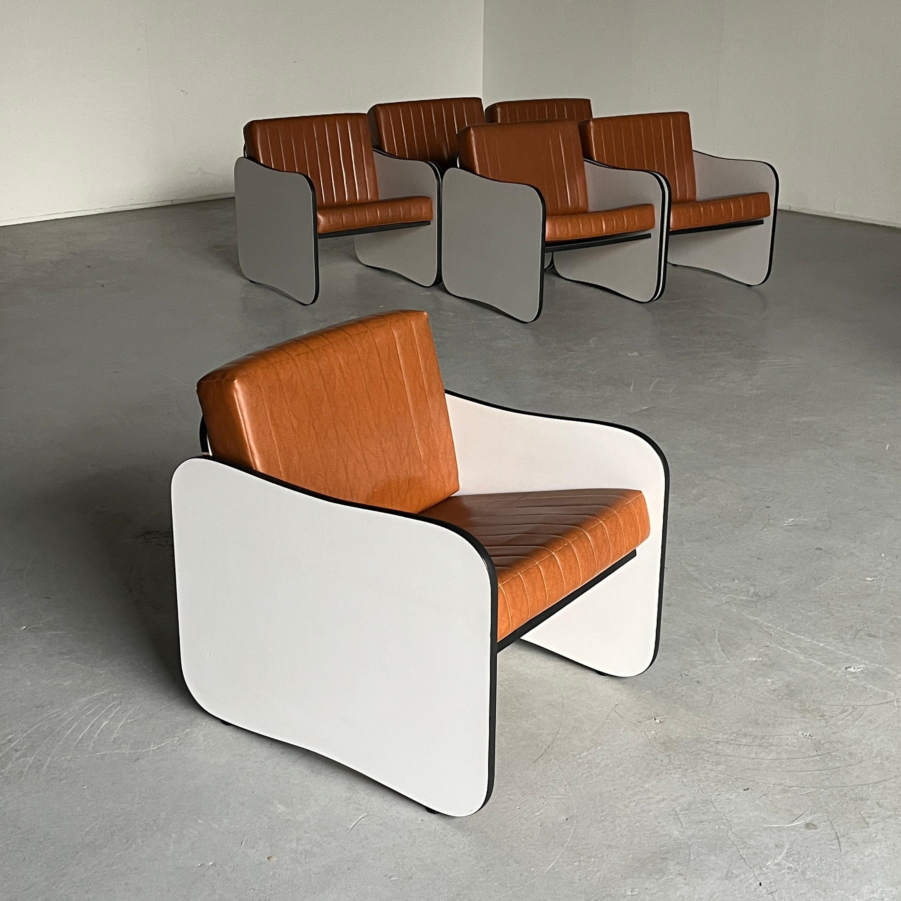 Mid-Century Modern 1 of 12 Mid-Century Armchairs in Brown Faux Leather, White Wooden Frames, 1980s