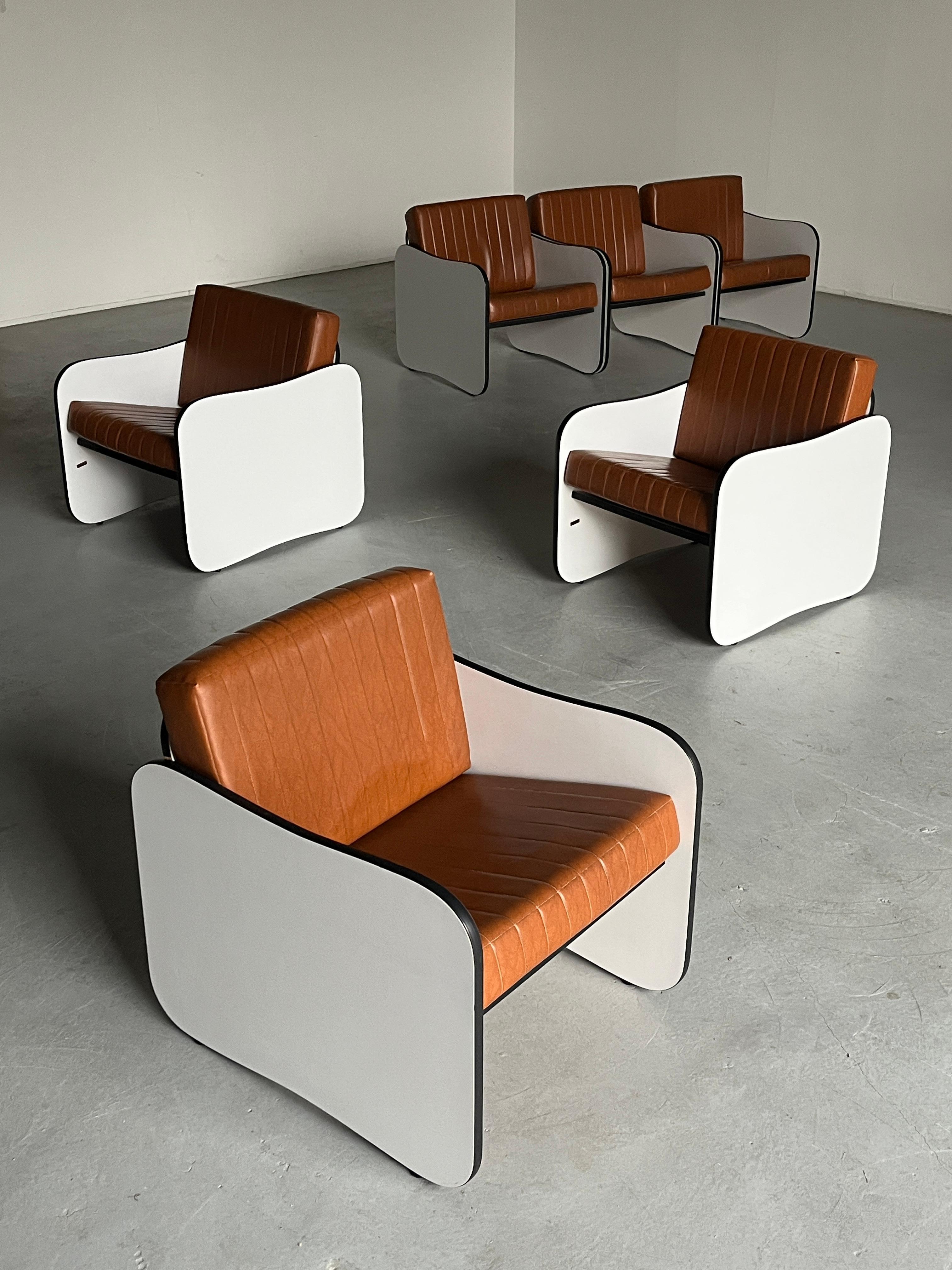 Italian 1 of 12 Mid-Century Armchairs in Brown Faux Leather, White Wooden Frames, 1980s