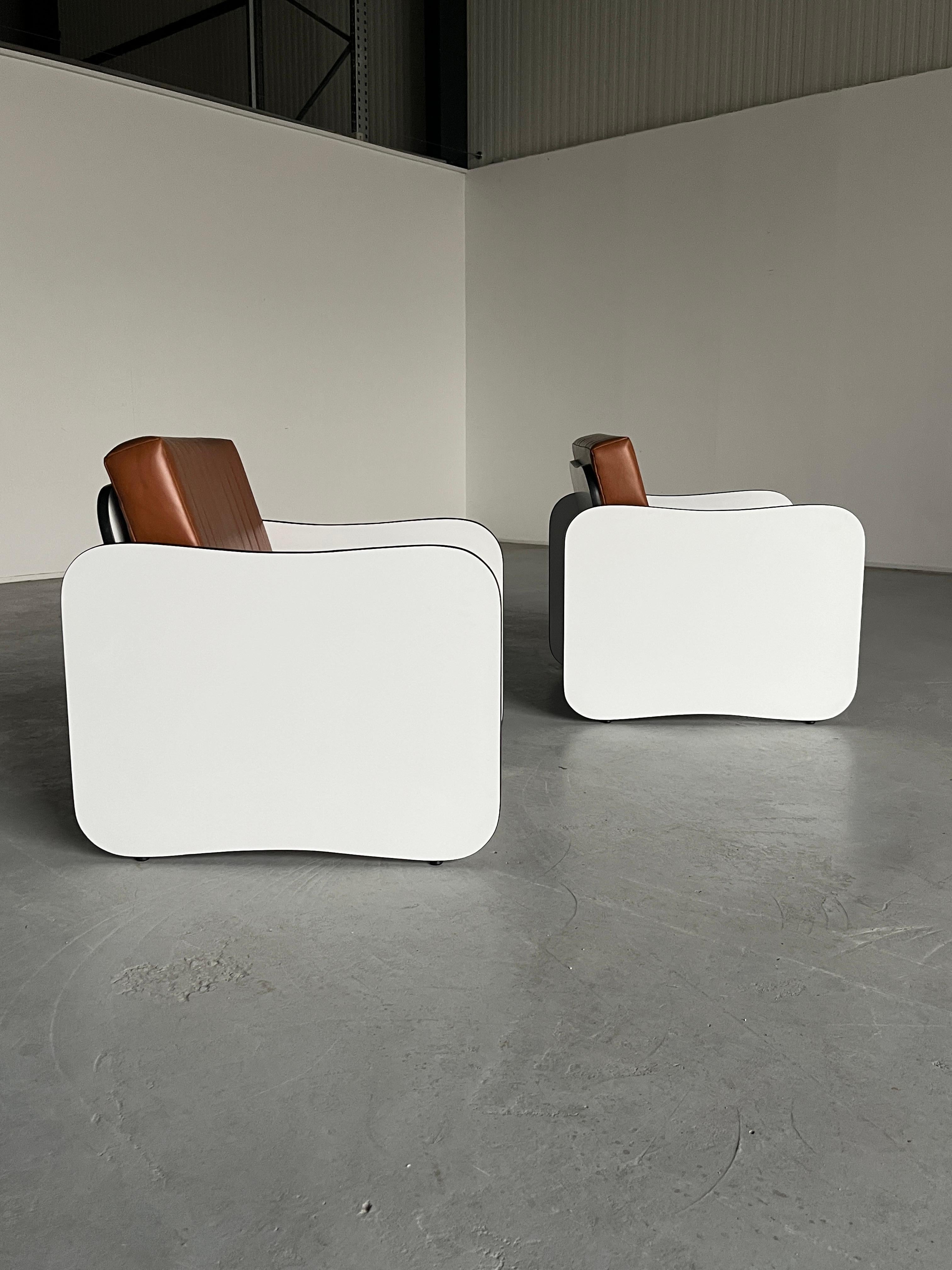 1 of 12 Mid-Century Armchairs in Brown Faux Leather, White Wooden Frames, 1980s In Good Condition In Zagreb, HR