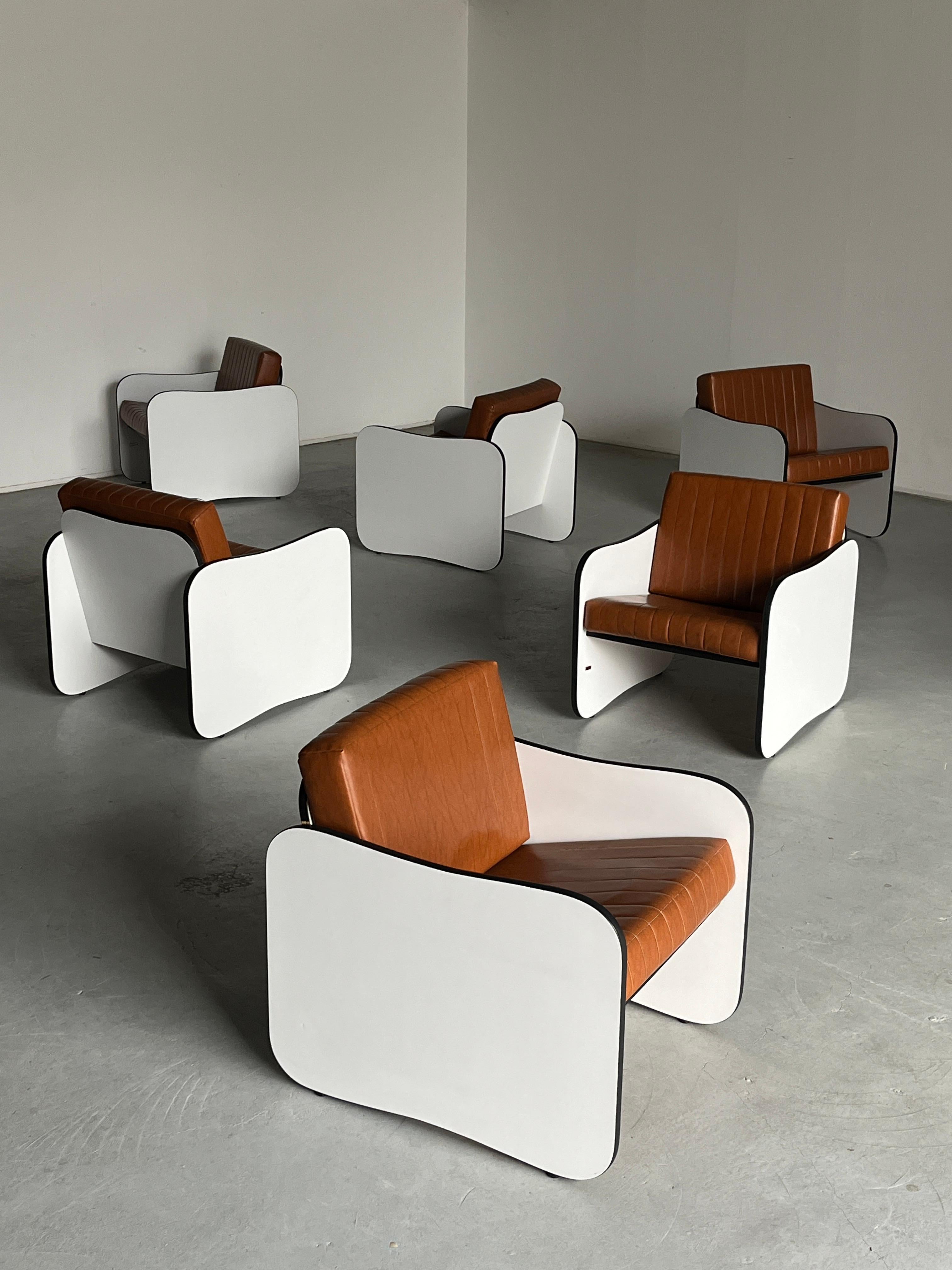 Late 20th Century 1 of 12 Mid-Century Armchairs in Brown Faux Leather, White Wooden Frames, 1980s