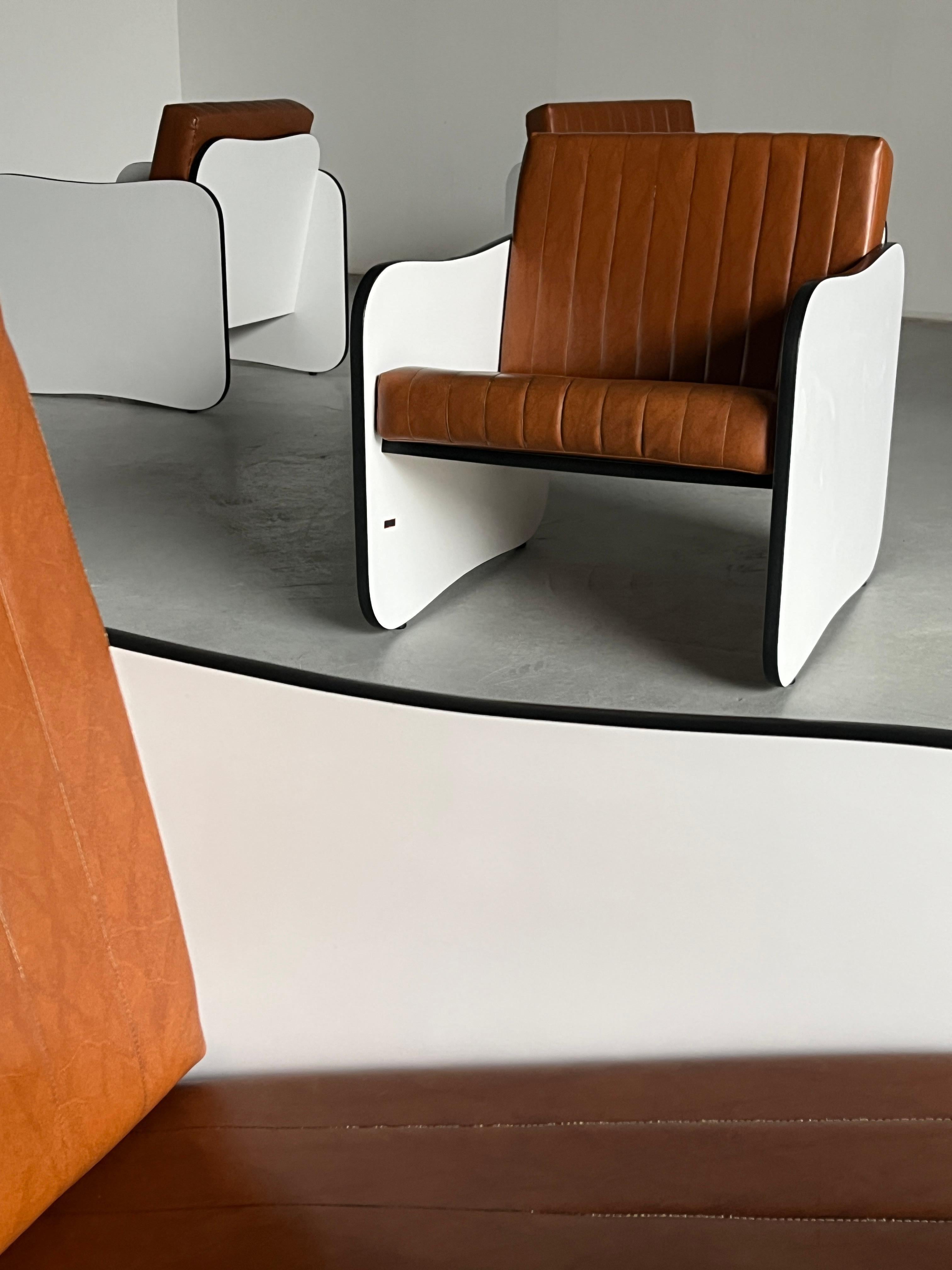 1 of 12 Mid-Century Armchairs in Brown Faux Leather, White Wooden Frames, 1980s 1