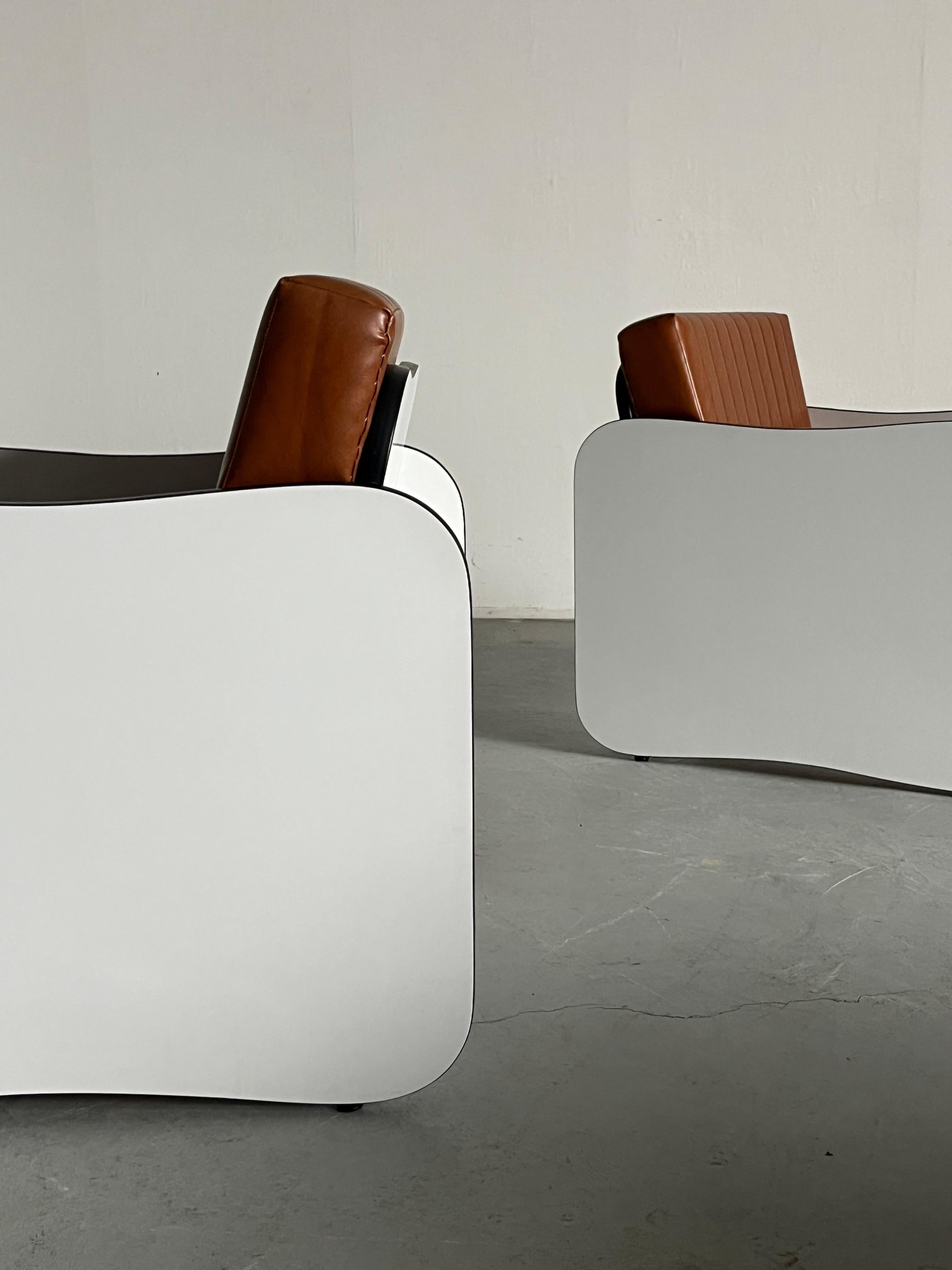 1 of 12 Mid-Century Armchairs in Brown Faux Leather, White Wooden Frames, 1980s 2