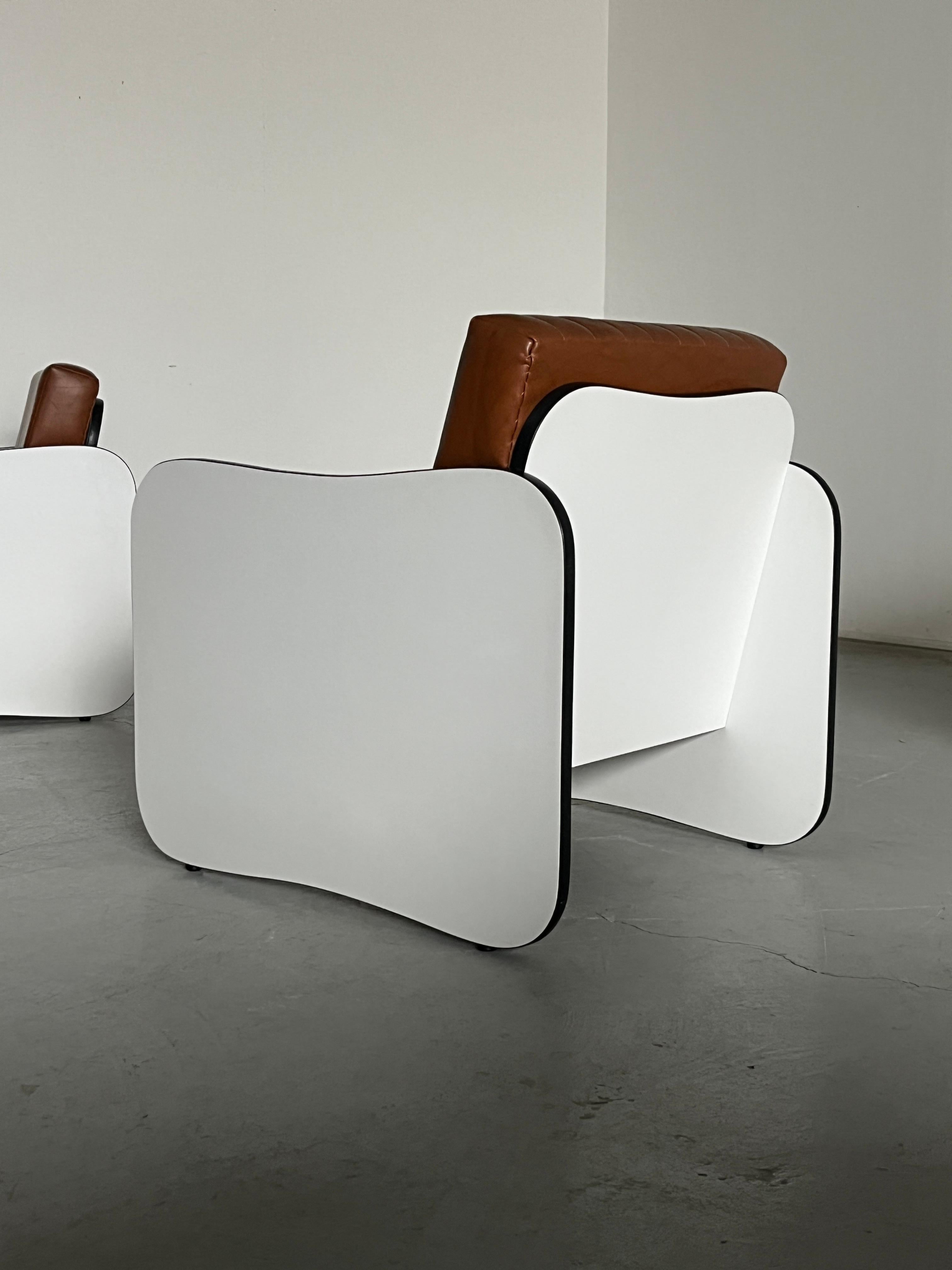 1 of 12 Mid-Century Armchairs in Brown Faux Leather, White Wooden Frames, 1980s 3