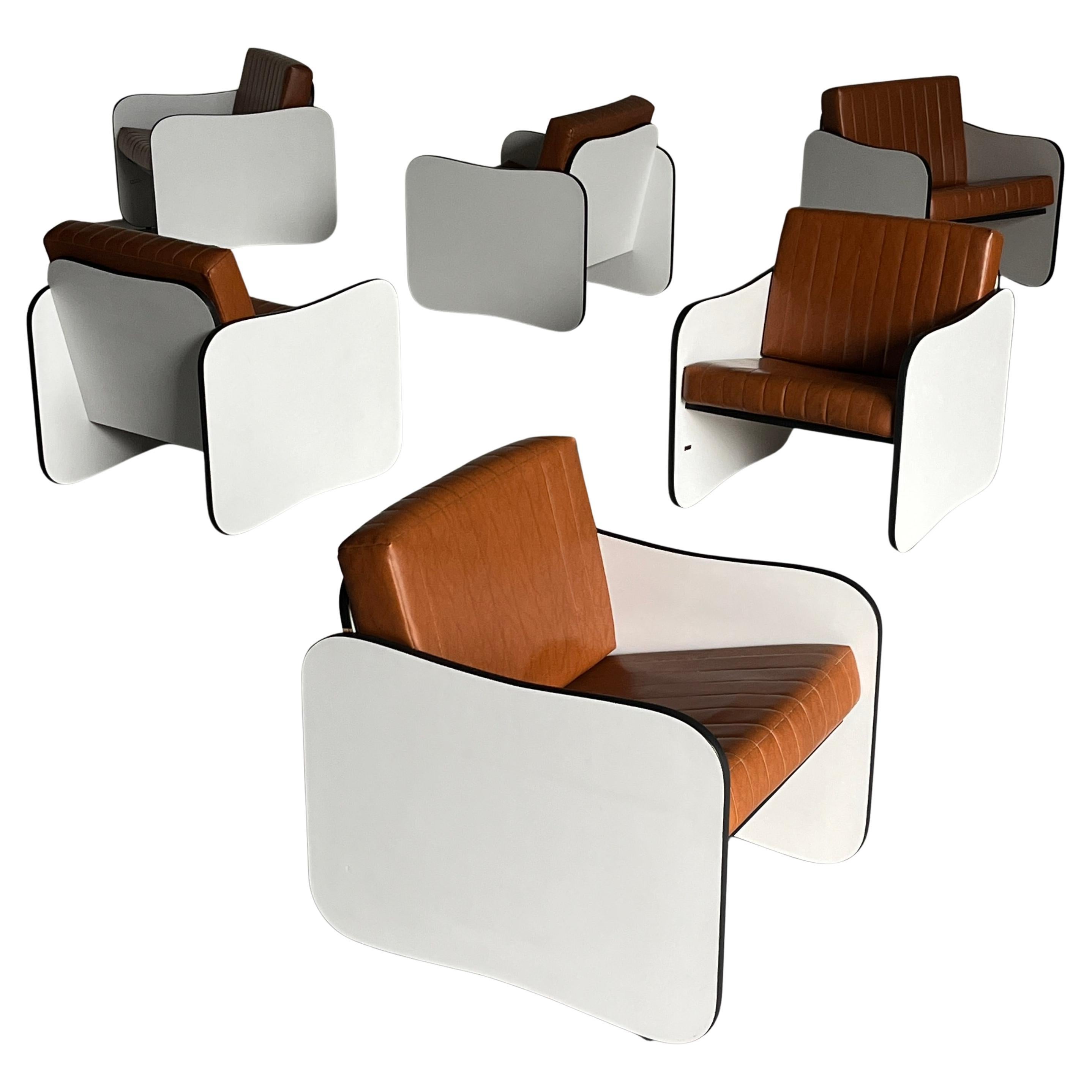 1 of 12 Mid-Century Armchairs in Brown Faux Leather, White Wooden Frames, 1980s