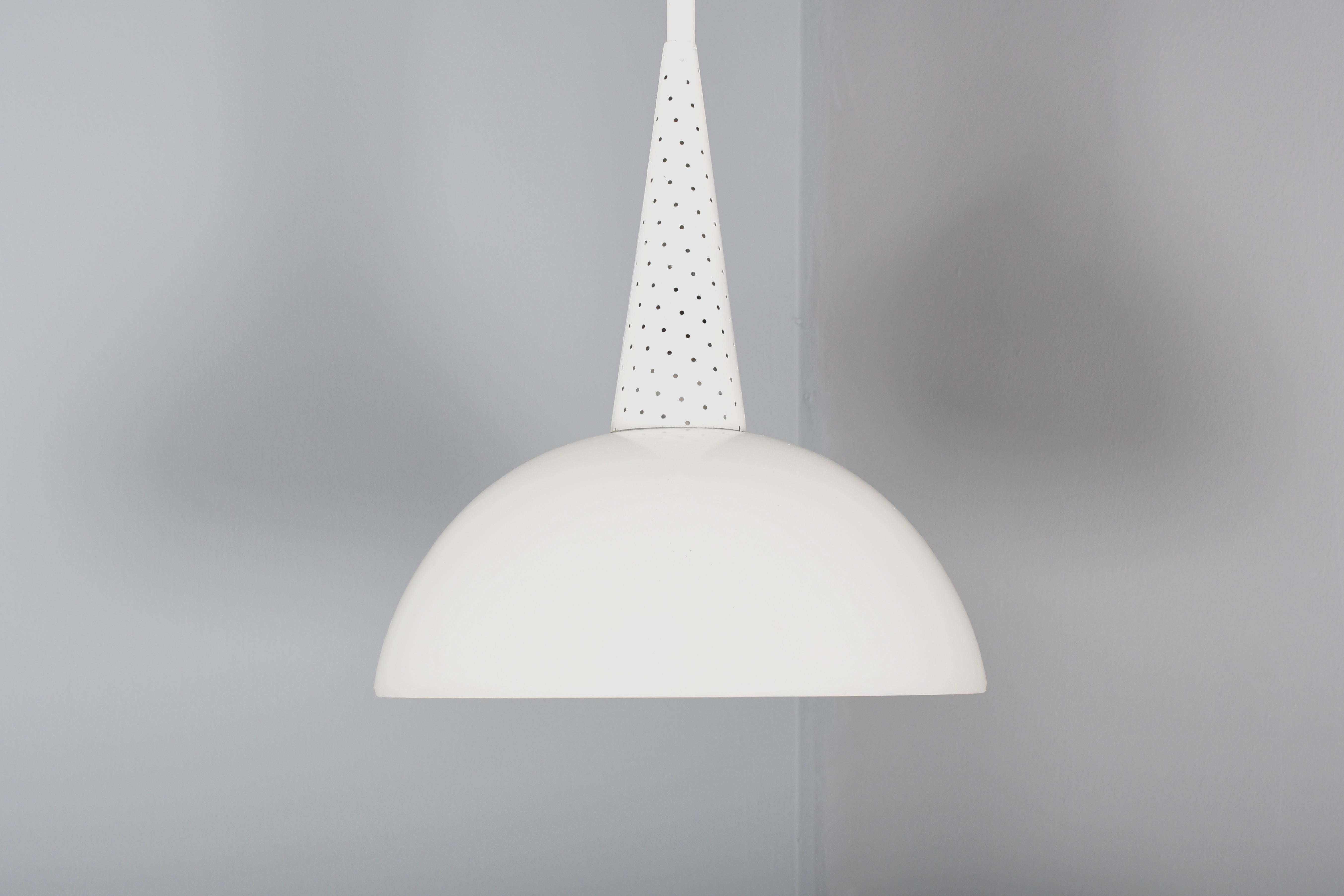 French 1 of 12 Perforated Metal and Glass Pendants by Mathieu Matégot, France, 1950s For Sale