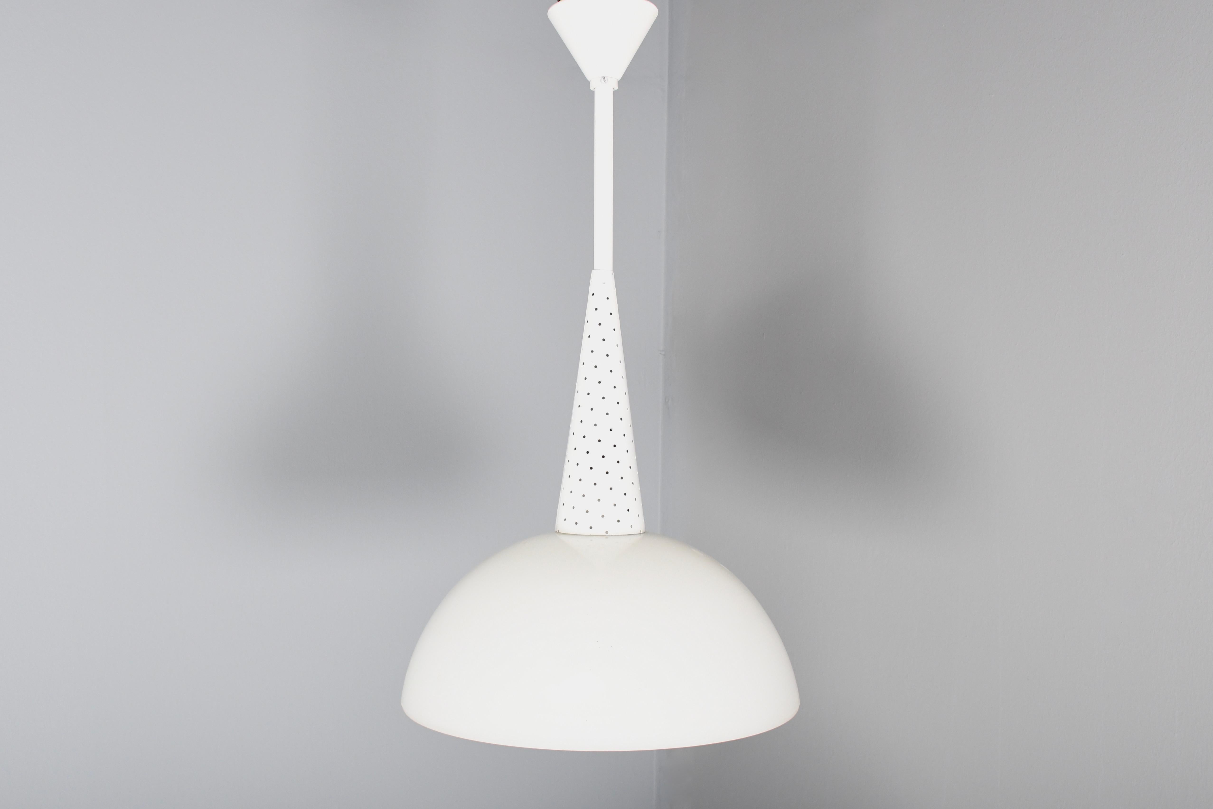 1 of 12 Perforated Metal and Glass Pendants by Mathieu Matégot, France, 1950s In Good Condition For Sale In Echt, NL