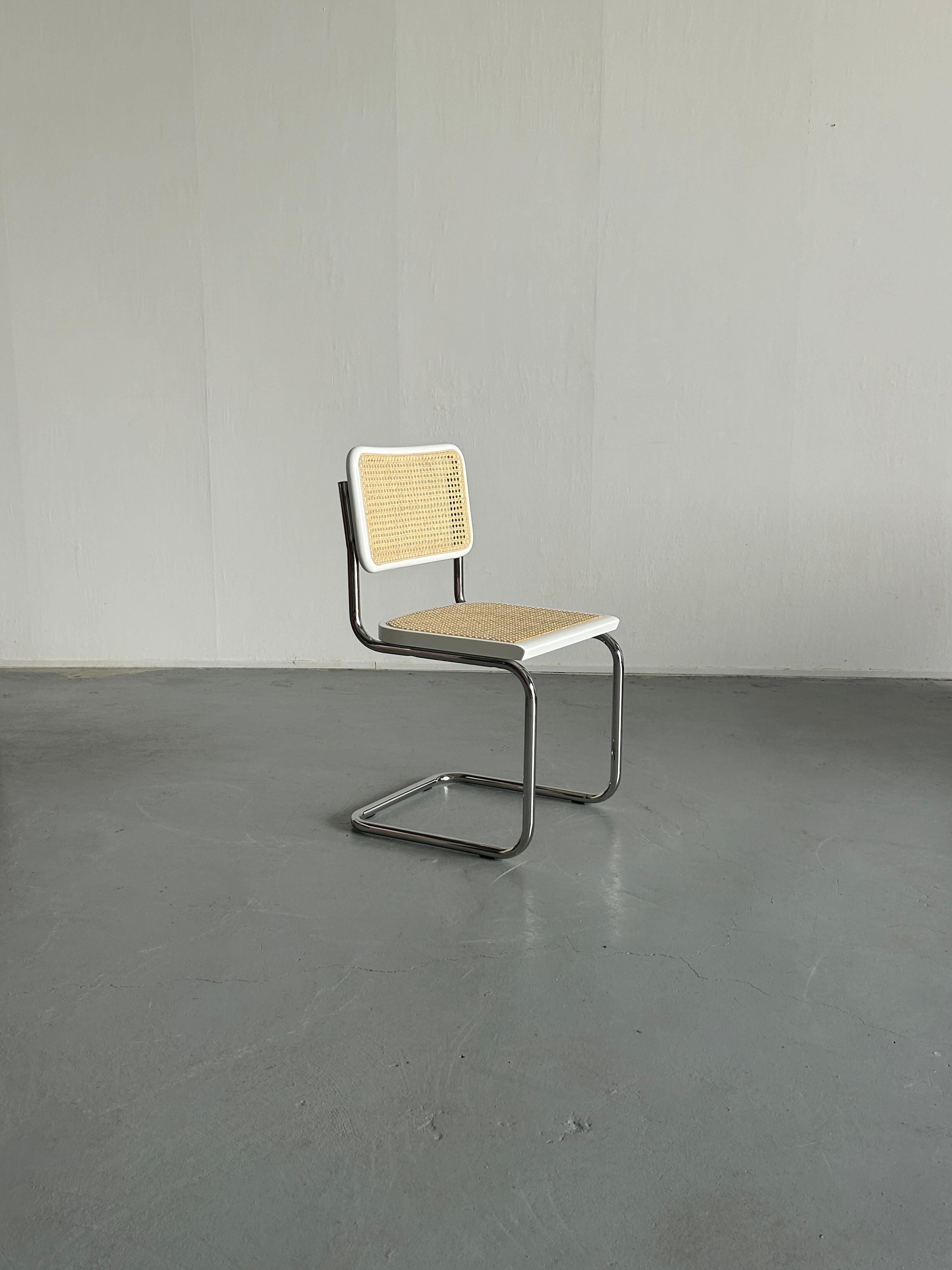 The Bauhaus classic tubular chrome steel cantilever chairs, model B32 or popularly known as Cesca, designed by Marcel Breuer.

Unknown Italian production, circa 2000-2003. Not a Knoll original production.
Originally a part of a local city hall