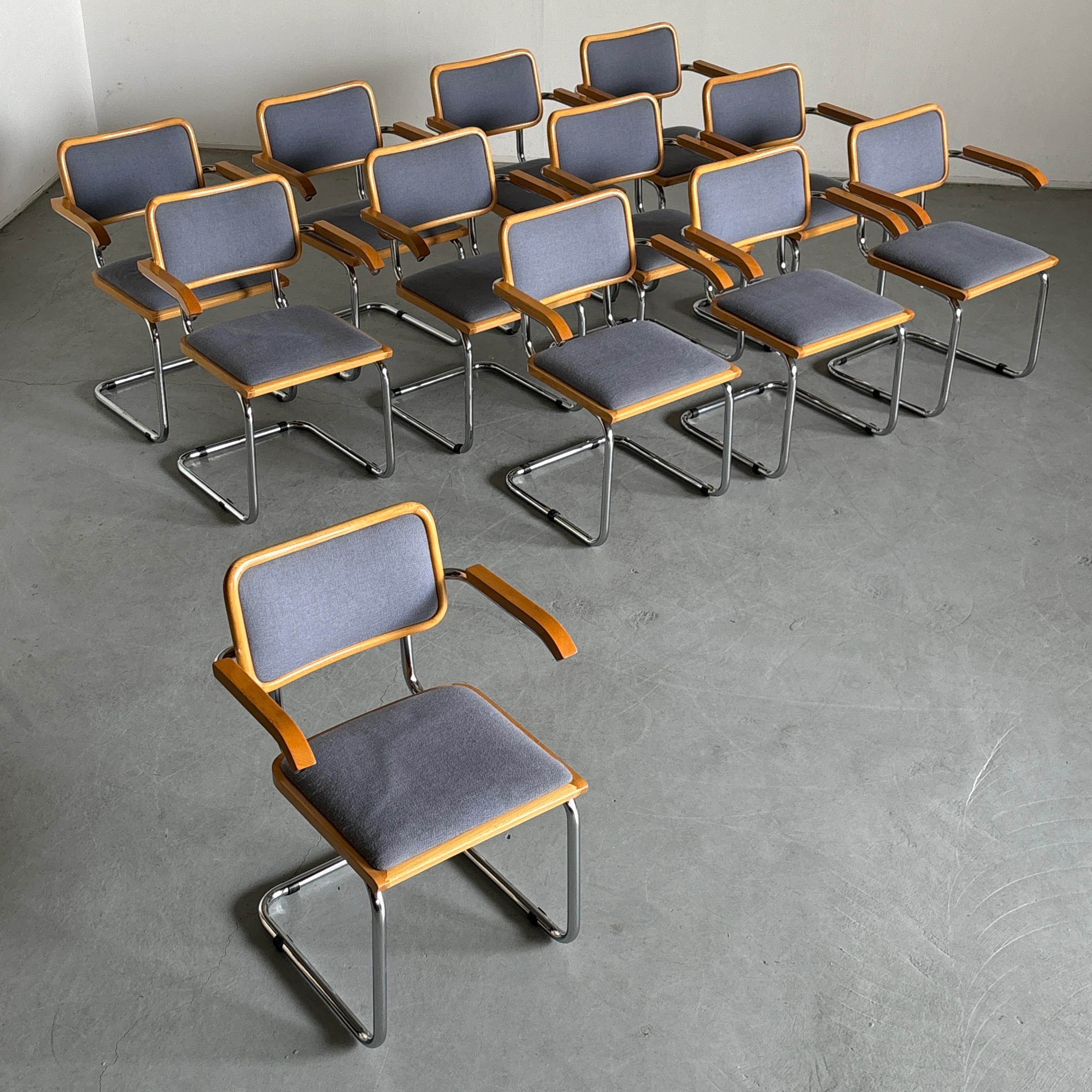 Marcel Breuer model B64 or ‘Cesca’ design armchairs by Bene Austria. This edition is upholstered in a light blue hue with natural wooden frames.

Produced in Austria in the 1980s.

In good vintage condition, with expected signs of age, as depicted