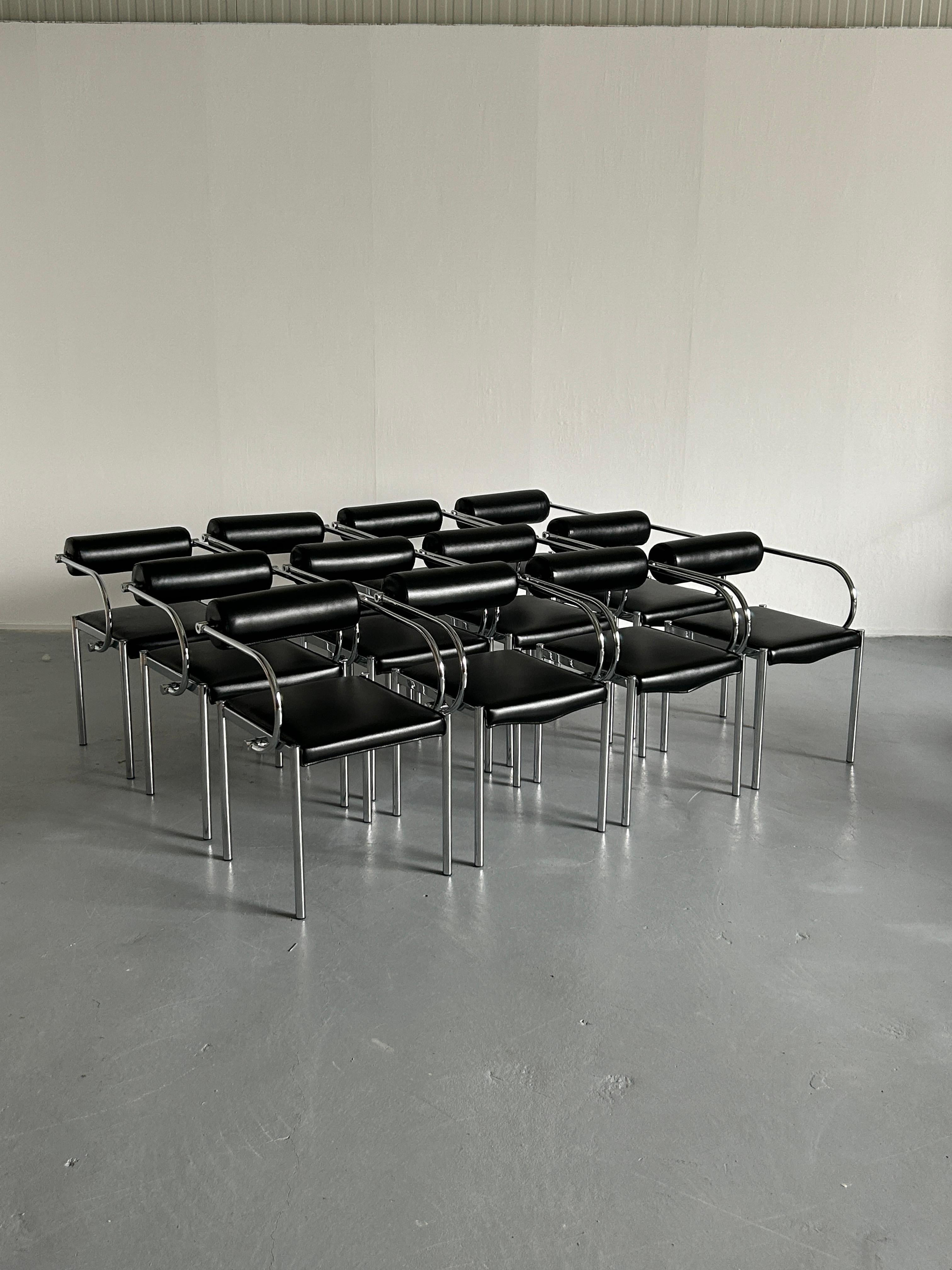 Set of twelve postmodern tubular steel and black faux leather dining chairs, in the style of Arcadia by Paolo Piva for B&B Italia, 1980s
Very quality vintage Italian production from the late 1980s or early 1990s. 

In very good vintage condition