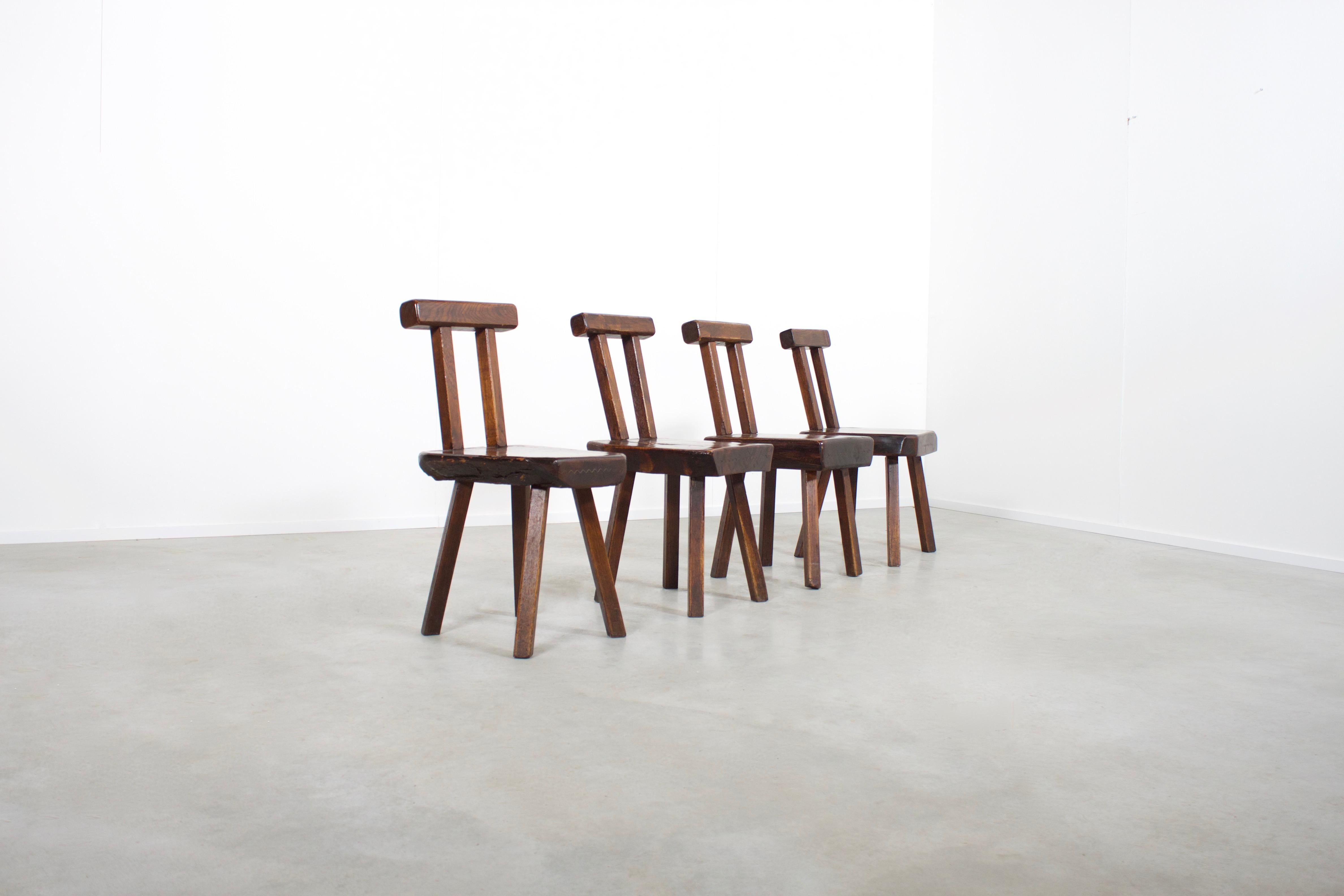 Belgian 1 of 15 Sculptural Brutalist Chairs in Solid Pine by Mobichalet, 1950s