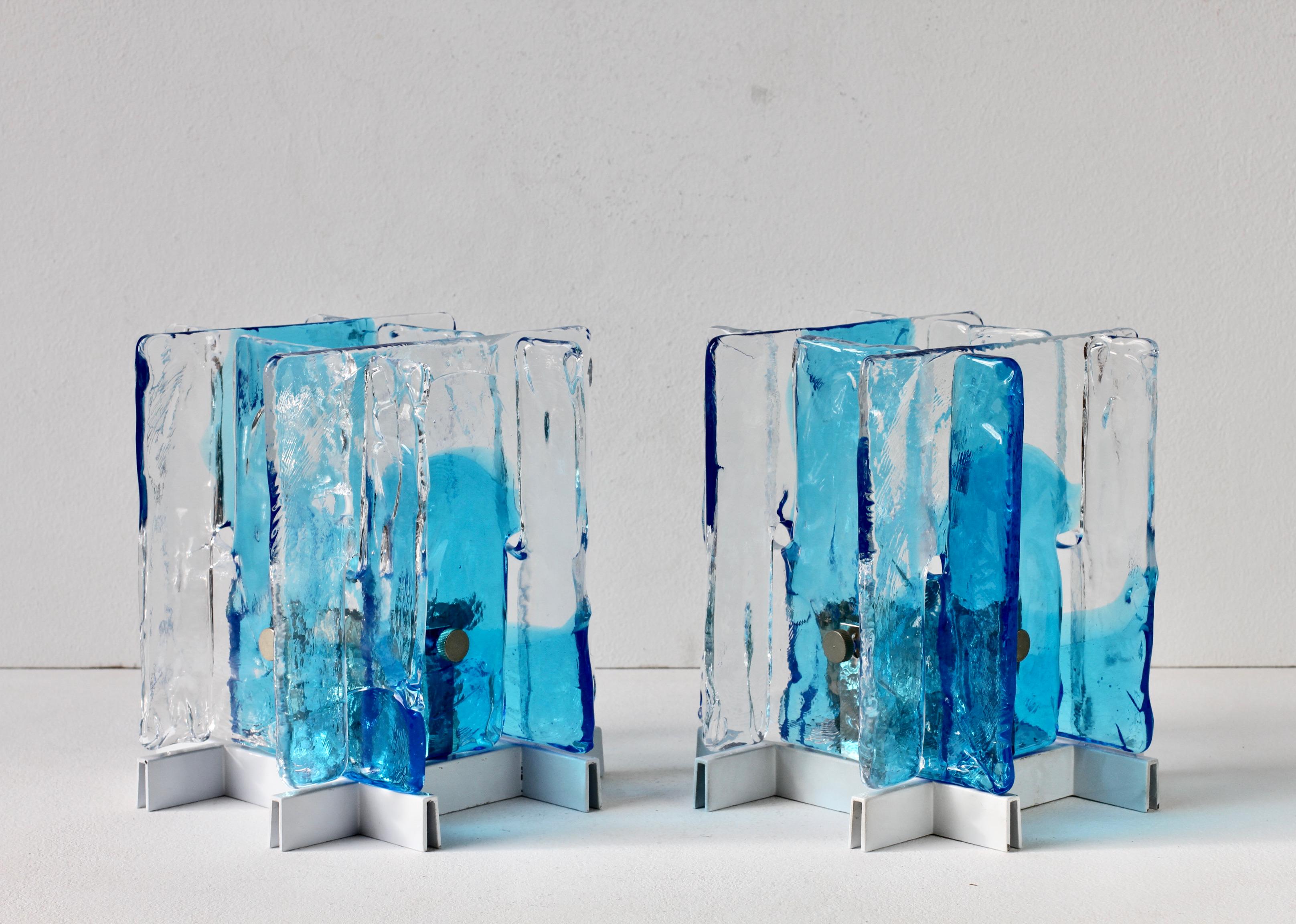 Italian 1 of 16 Carlo Nason for Mazzega Rare 1970s Blue & Clear Murano Ice Glass Lights For Sale
