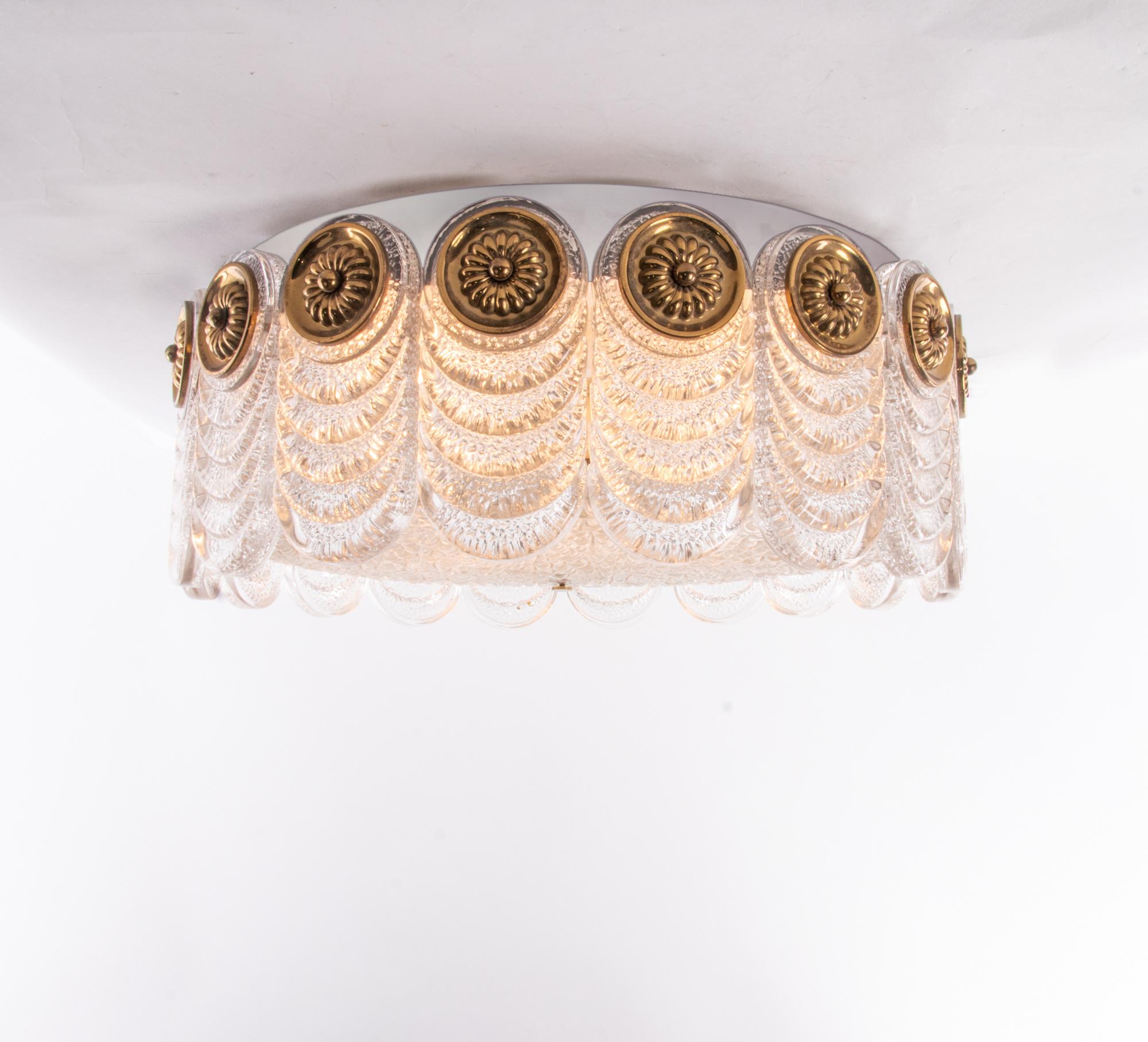 Mid-20th Century 1 'of 2' 1960s Germany Kaiser Flush Mount Ceiling Lamp Murano Glass & Brass For Sale