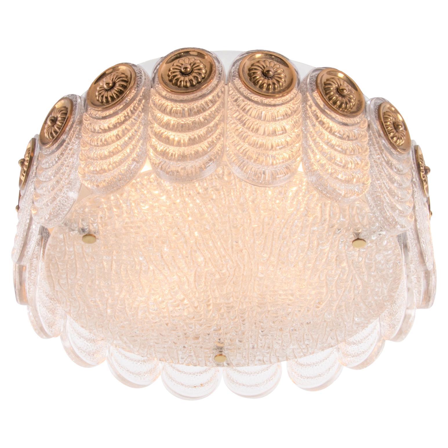 1 'of 2' 1960s Germany Kaiser Flush Mount Ceiling Lamp Murano Glass & Brass For Sale